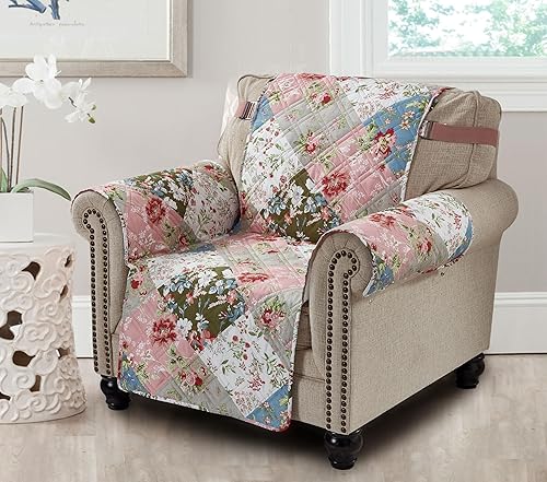 Miniatura 31 de Brilliant Sunshine Funda para Sofá de Retazos con Flores de Durazno y Olivo, Funda Acolchada para Sofá Grande, Ancho de Asiento de 70", Protector de