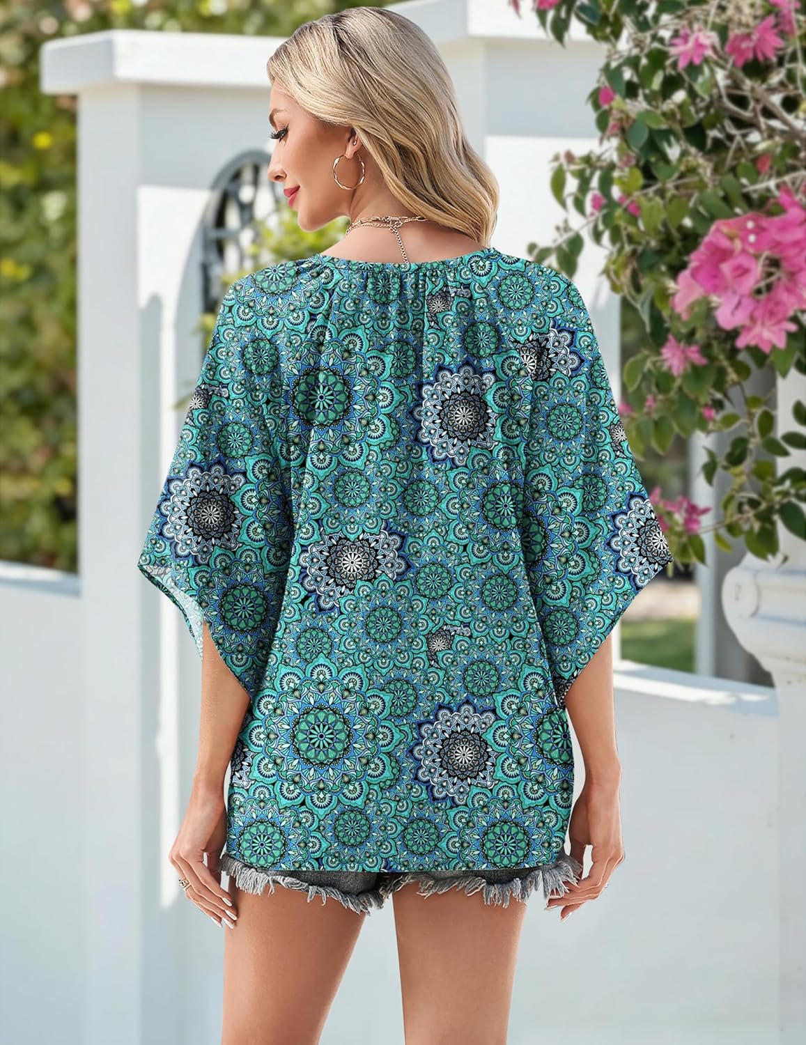 Zeagoo Womens Tops 3/4 Sleeve V Neck Bohemian Blouses Casual Loose Fit Tunic Boho Shirts Floral Printed Clothes - Image 4