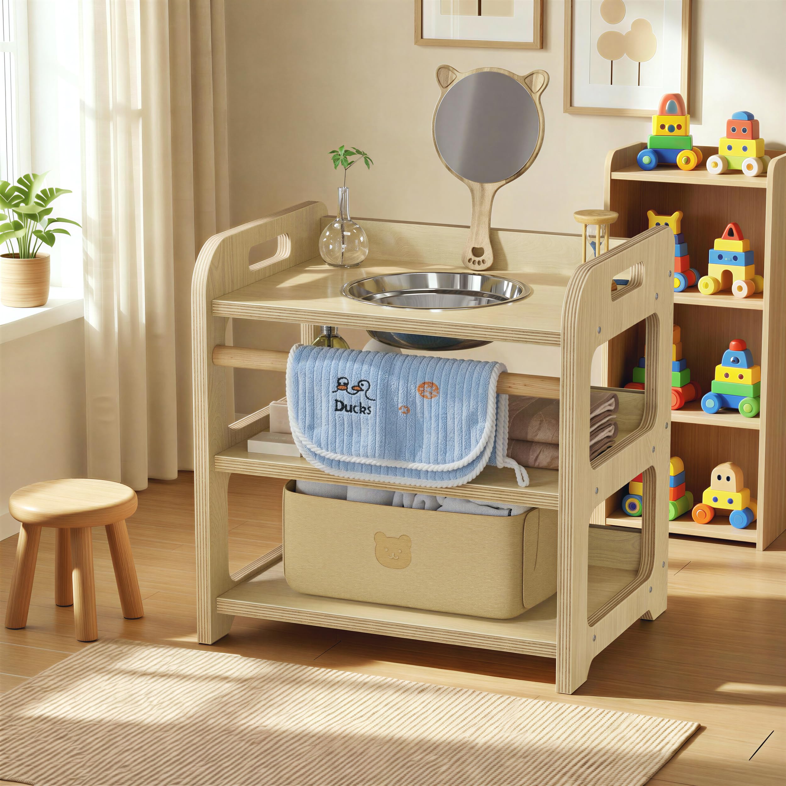MSFE Lavabo Montessori con Espejo de Oso,Reloj de Arena,Toalla y Cesta,Marco de Lavabo Infantil de Madera para Ayudar al Niño a Experimentar la Higiene Personal e Autonomía con Diversión,35*50*50CM