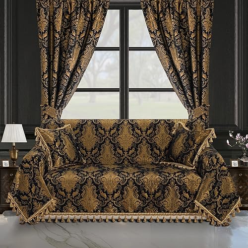 Miniatura 2 de Loom and Mill Fundas de sofá de lujo, funda clásica de damasco jacquard de felpilla gruesa, protector de muebles con borde de encaje y borlas hechas