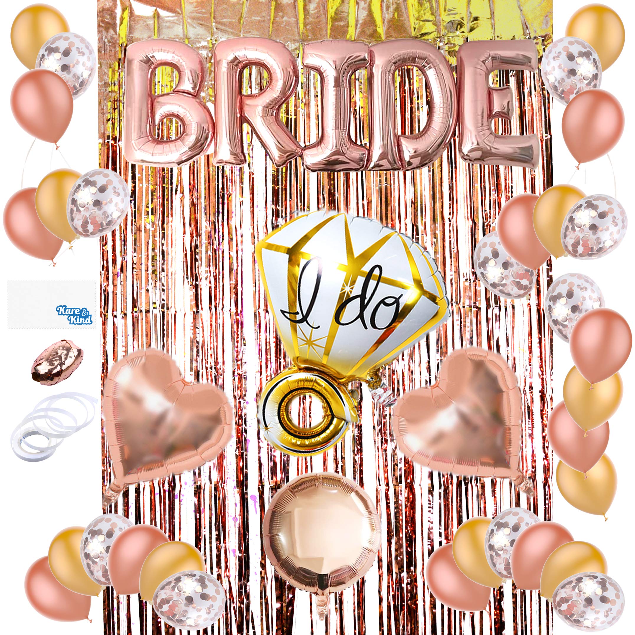 Kare & Kind Bridal Shower Decoration Kit - Balloons (20x Latex, 10x Confetti, 2X Heart Shaped and 1x Round Mylar, Bride Letters, 1x I DO Ring) - 1x Foil Fringe Curtain - for Bachelorette Party