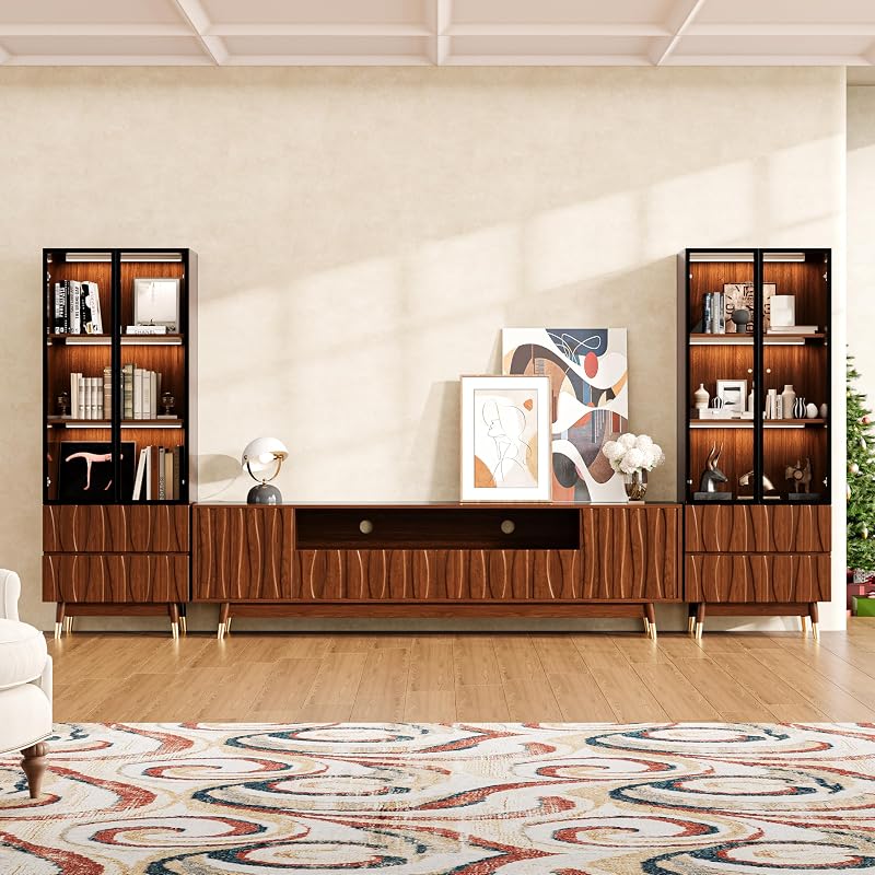 125" Entertainment Center with Bookshelves for 55/65/75 inch TV, Walnut