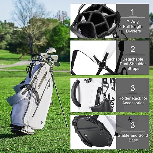 Miniatura 3 de KVV Bolsa de golf ligera con soporte con divisores de longitud completa de 7 vías, 5 bolsillos con cremallera, correas dobles ajustables
