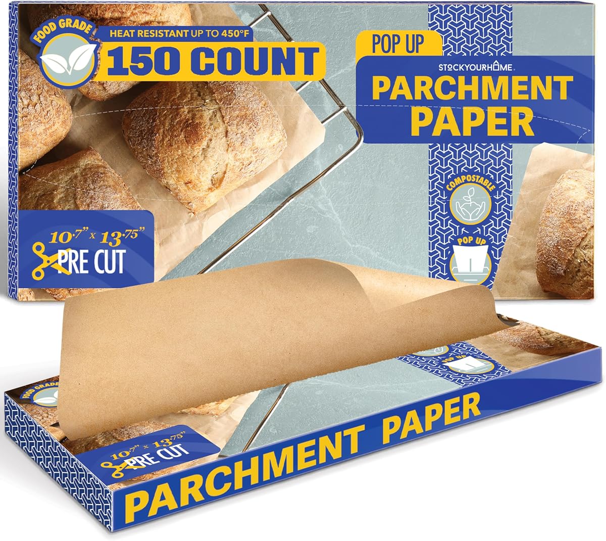 Stock Your Home 150 Ct Unbleached Parchment Paper Sheets, Pop Up Parchment Paper Sheets for Baking, Air fryer Sheets & Oven Liners FOr cookies, Bread, meat, Pizza (10.7”x13.75”)