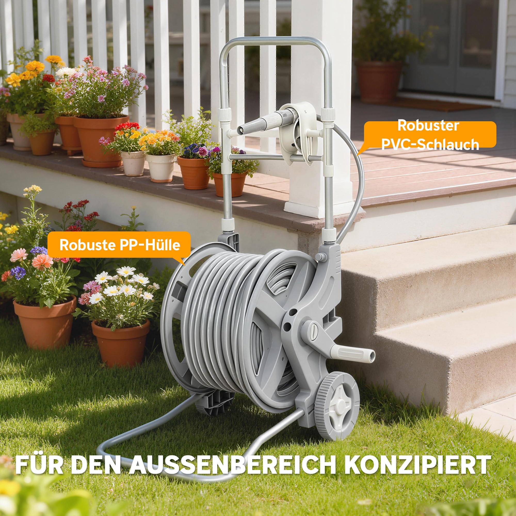 Outsunny Schlauchwagen 45 m mit 2 Sprühfunktionen 45 x 44 x 78 cm Grau | Kurbel, Schlauchführung, Wasserhahnadapter, Gartenschlauchwagen, Schlauchtrommel Schlauchabroller, für Garten Balkon