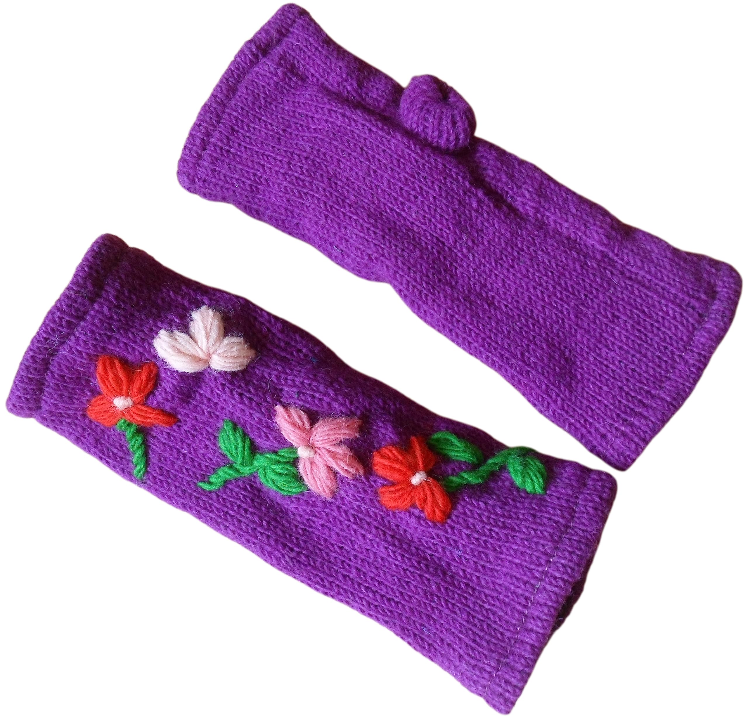 NATURAL FLOW Wool Fleece Lined Hippy Boho Tube Fingerless Flower Gloves Wrist Warmers (Purple)