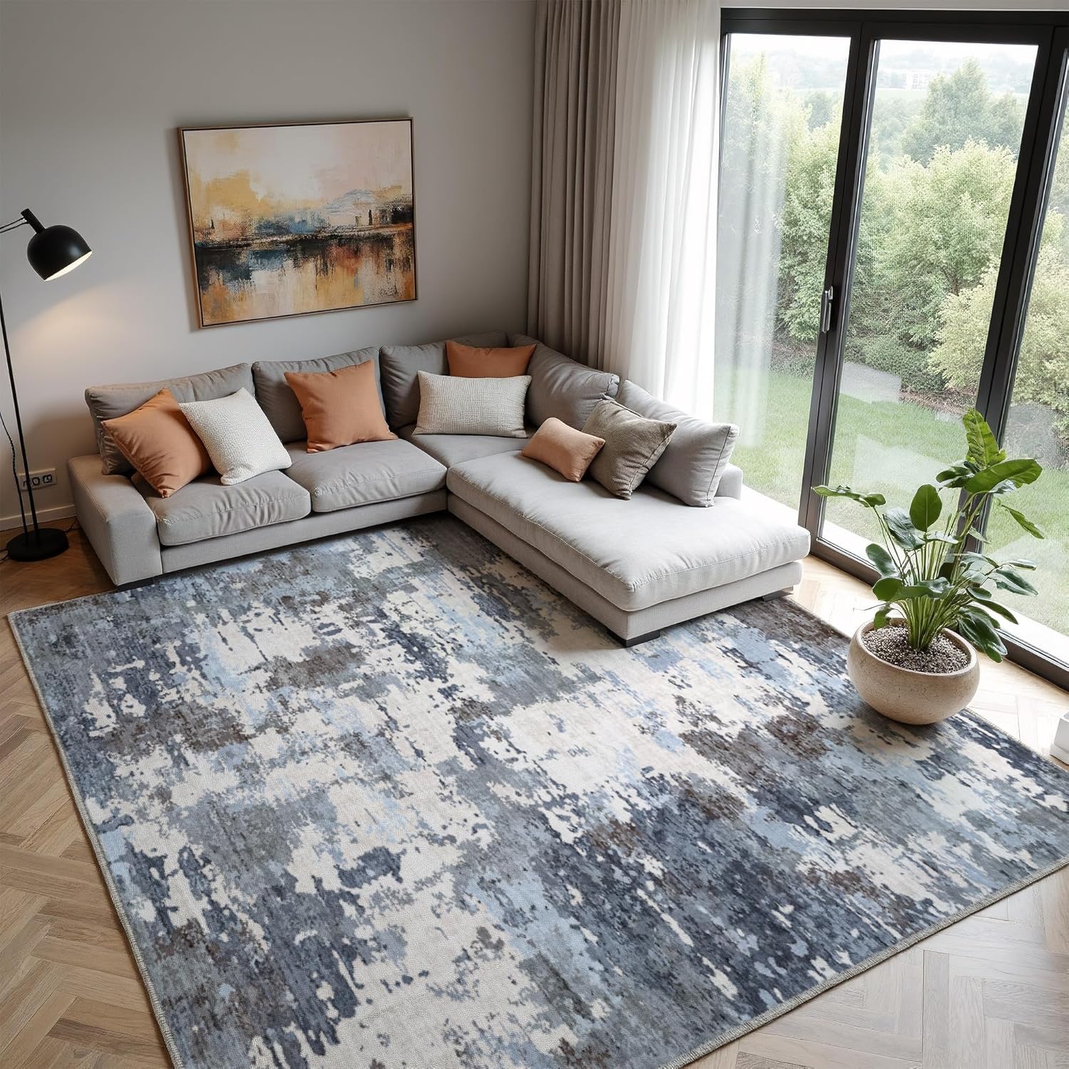 EnHomee 8x10 Area Rugs for Living Room,Large Ultra Soft Washable Rugs for Bedroom,Non Slip Stain Resistant Low Pile Indoor Accent Carpet,Modern Abstract Rug,Blue Grey