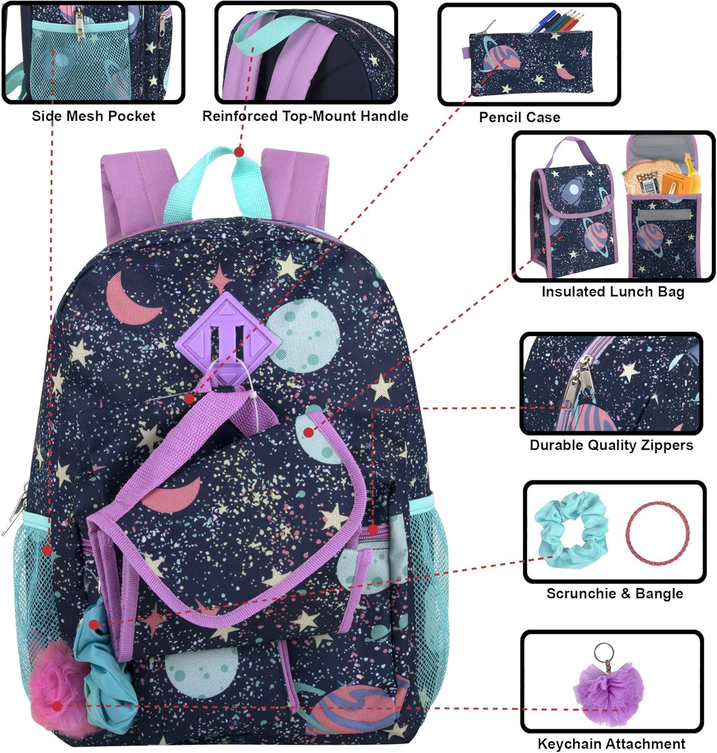Trail maker Girl 6 in 1 Set Backpack with Lunch Bag, Case Pencil, Bottle, Keychain, Clip