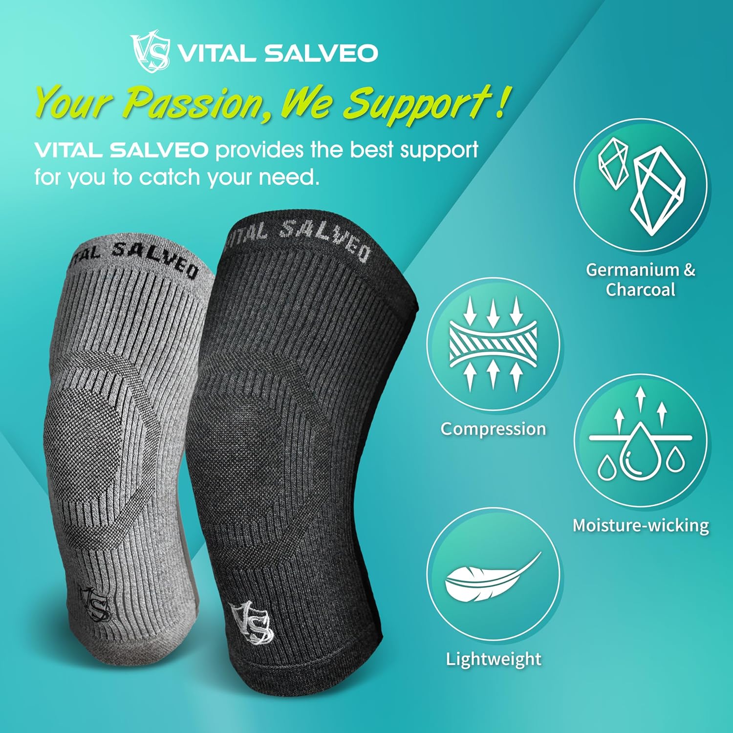 Vital Salveo Knee Compression Sleeve Swelling Recovery Knee Brace S-Support Pain Relief for Men and Women Unisex for Running Basketball Gym Workout Sports Dark Grey (1PC) S