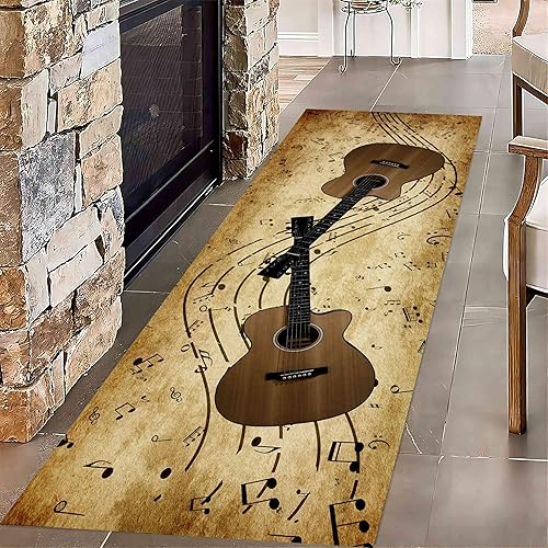 Alfombra retro para pasillo, 2 x 6 pies, diseño retro de guitarra, patrón musical, para amantes de la música, alfombra antideslizante, alfombra de