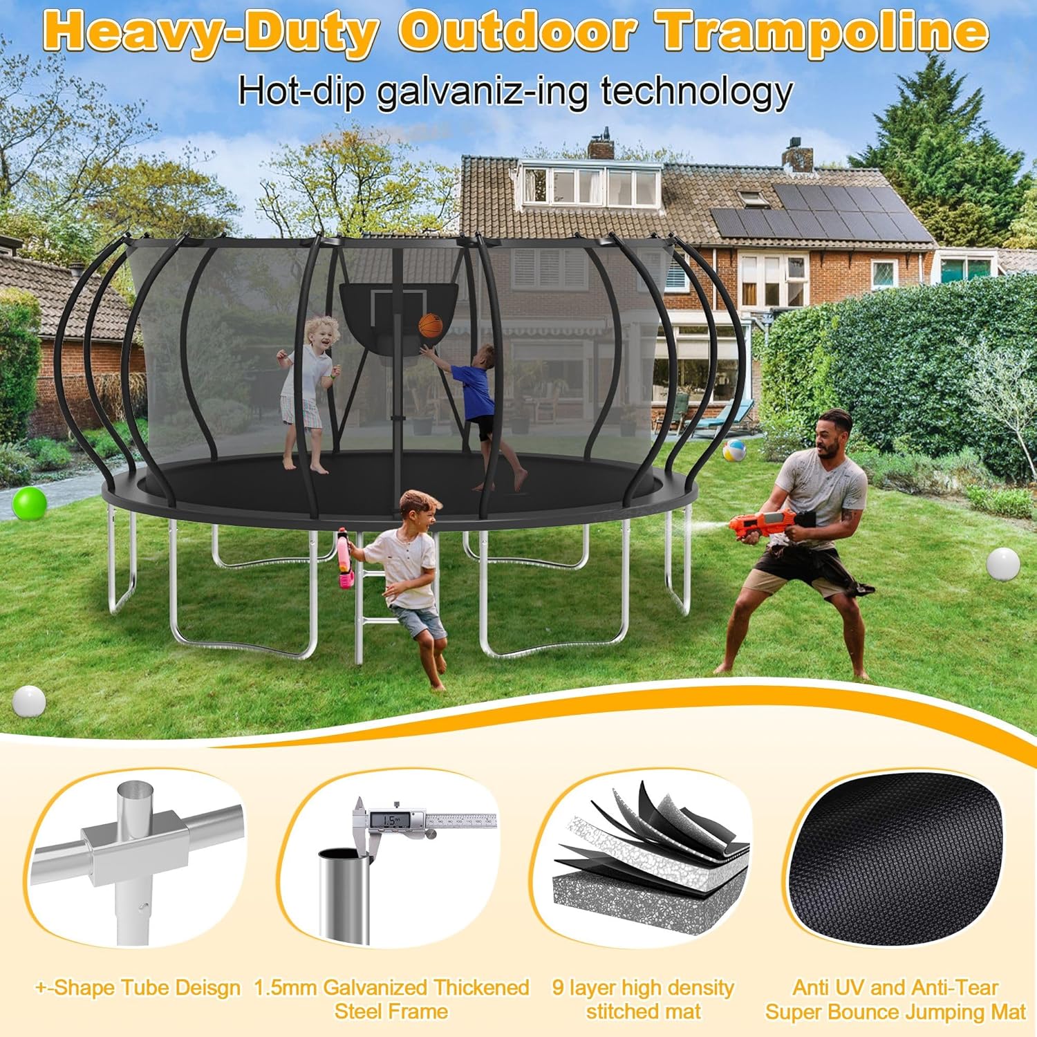 Upgraded 1500LBS Outdoor Rebounder System with Basketball Hoop, Lights & Sprinkler, 12/14/16FT Heavy-Duty Jump Mat for All Ages, ASTM Certified for Family Backyard, Easy Assembly