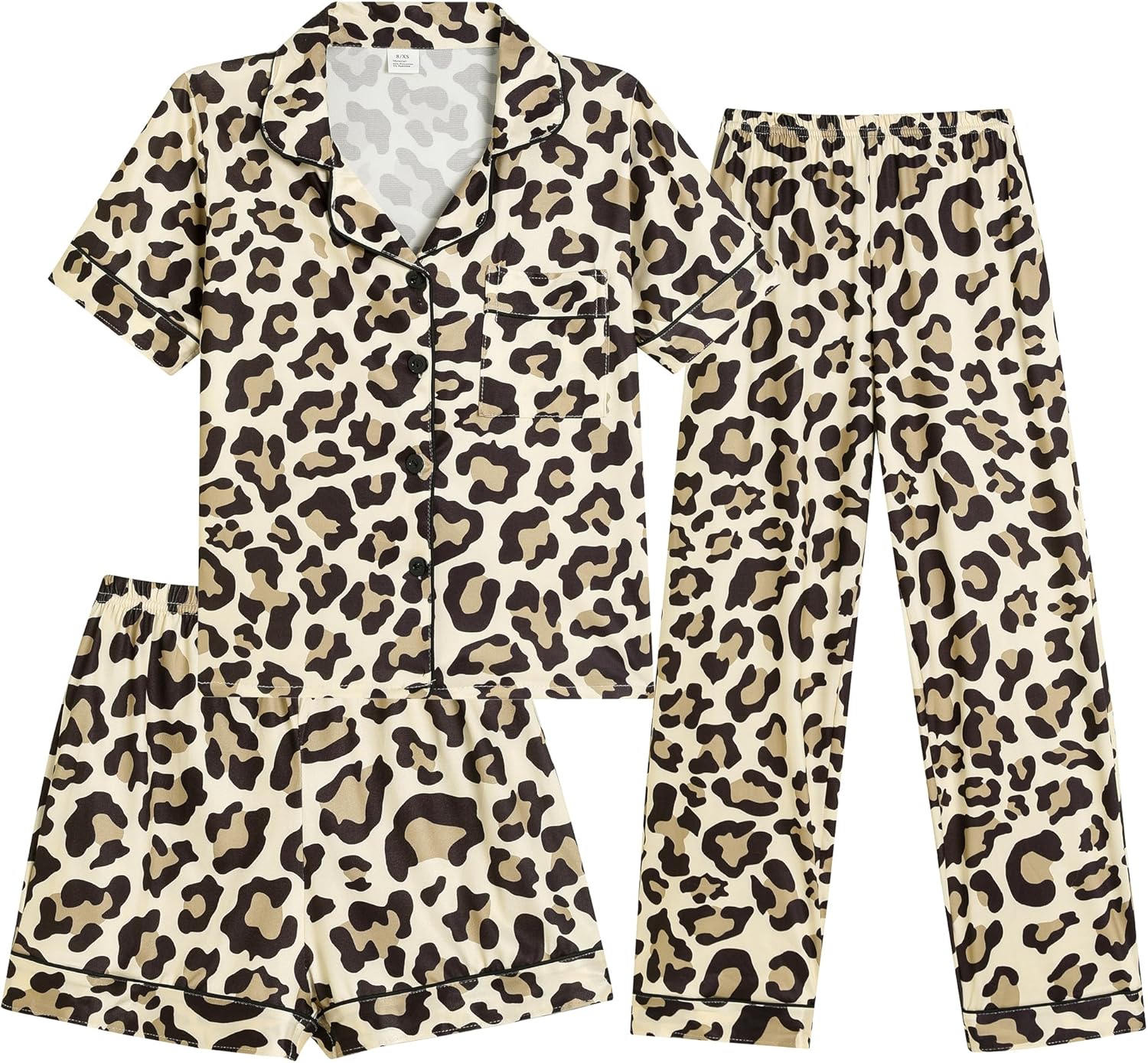 Girls Pajamas Short Sleeve Long Pants and Shorts 3 Piece Sleepwear Button Down Outf...