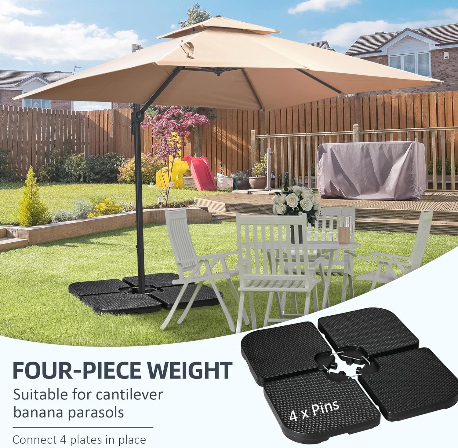 Outsunny HDPE Material Patio Umbrella Base Weights Sand Filled up to 175 Lb. for Any Offset Umbrella Base | 4-Piece, Water or Sand Filled, All-Weather, Black (Square)