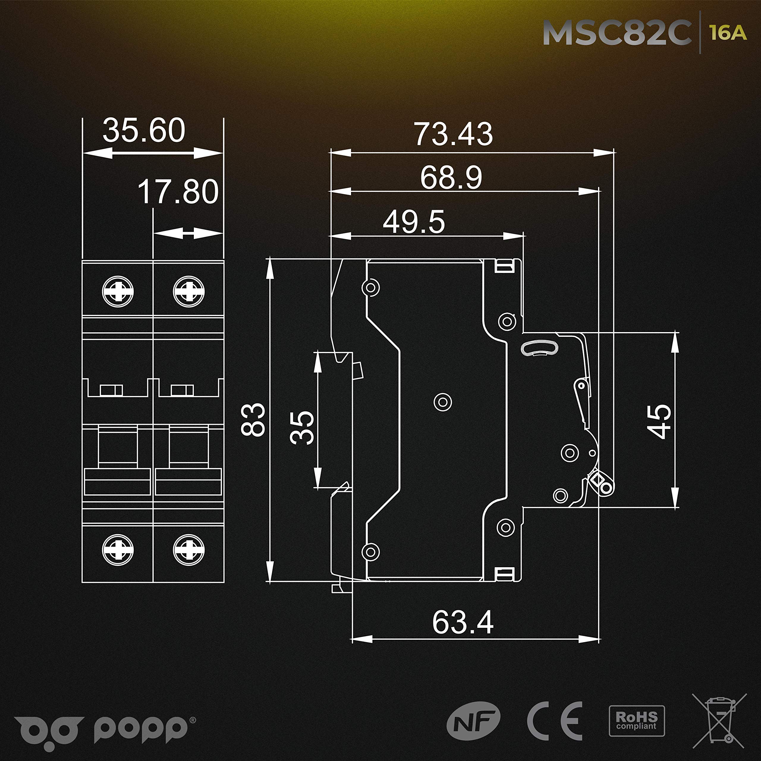 POPP® Interruptor Automático Magnetotérmico 2P serie MSC82 gama Industrial CURVA C corte 6000A 6A,10A,16A,20A,25A,32A,40A,63A Pack 6,12 (Pack 12, 16A)