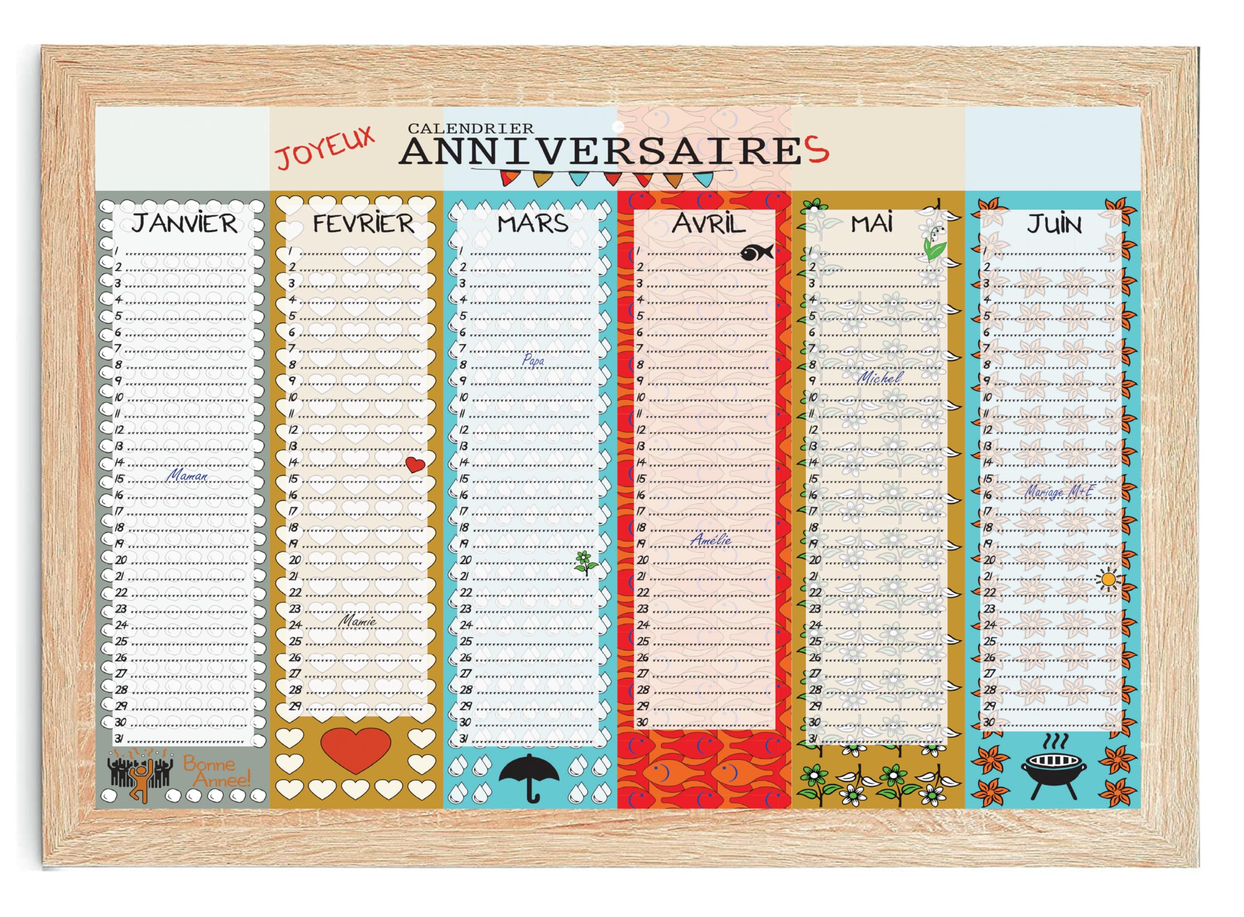 Calendrier Perpétuel Joyeux Anniversaires A3 Recto Verso à Remplir Illustré Multicolore