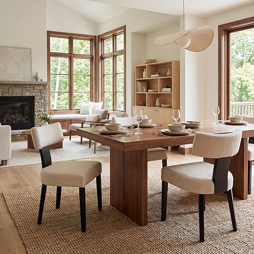 Miniatura 9 de Juego de 4 sillas de comedor tapizadas modernas, con respaldo medio, sillas de comedor y cocina color beige granja, sillas laterales sin brazos de