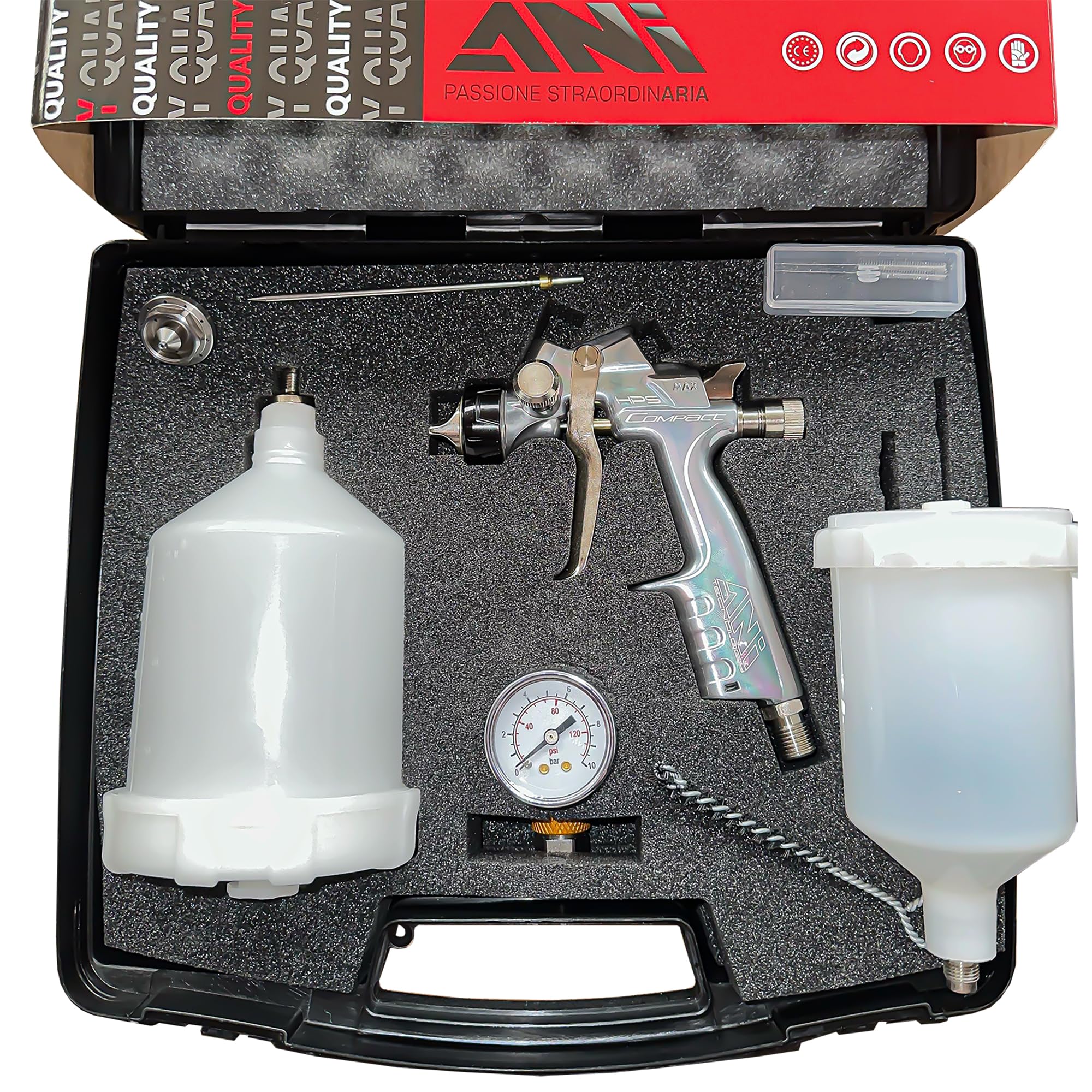 ANi Kit de pistola de pulverización compacta, vuelve a rociar con un pequeño compresor de 1,8 mm y 1,3 mm, imprimación y acabado, kit de retoque y repulverización.