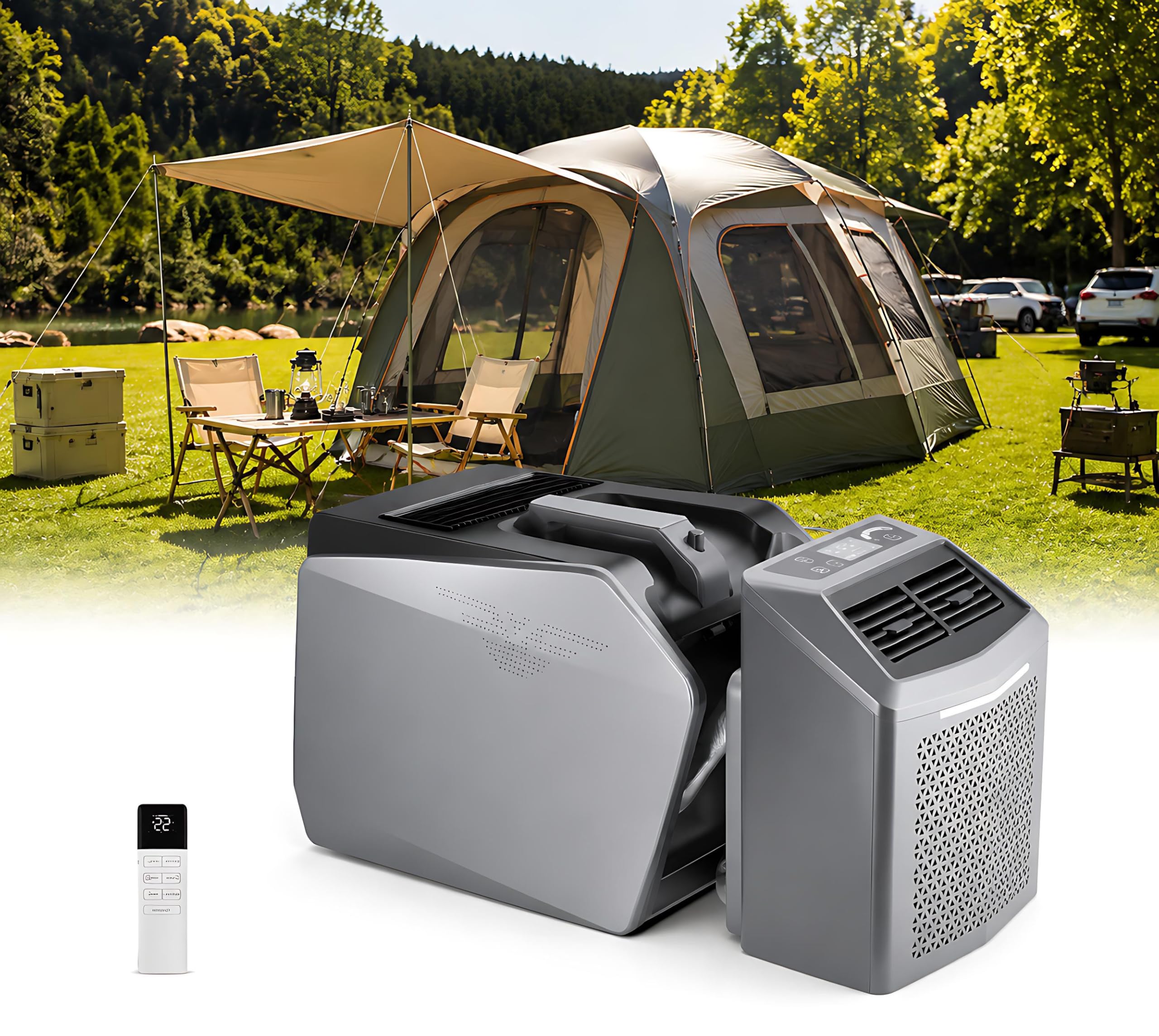 KPOUYYDS Tent Air Conditioner, Portable AC for Camping, 6200 BTU 550W, 48V DC/110V/220V AC Compatible, 4-in-1 Split Design Quiet Cooling Device with Remote Control, for RV Van Truck Outdoor 110/220V