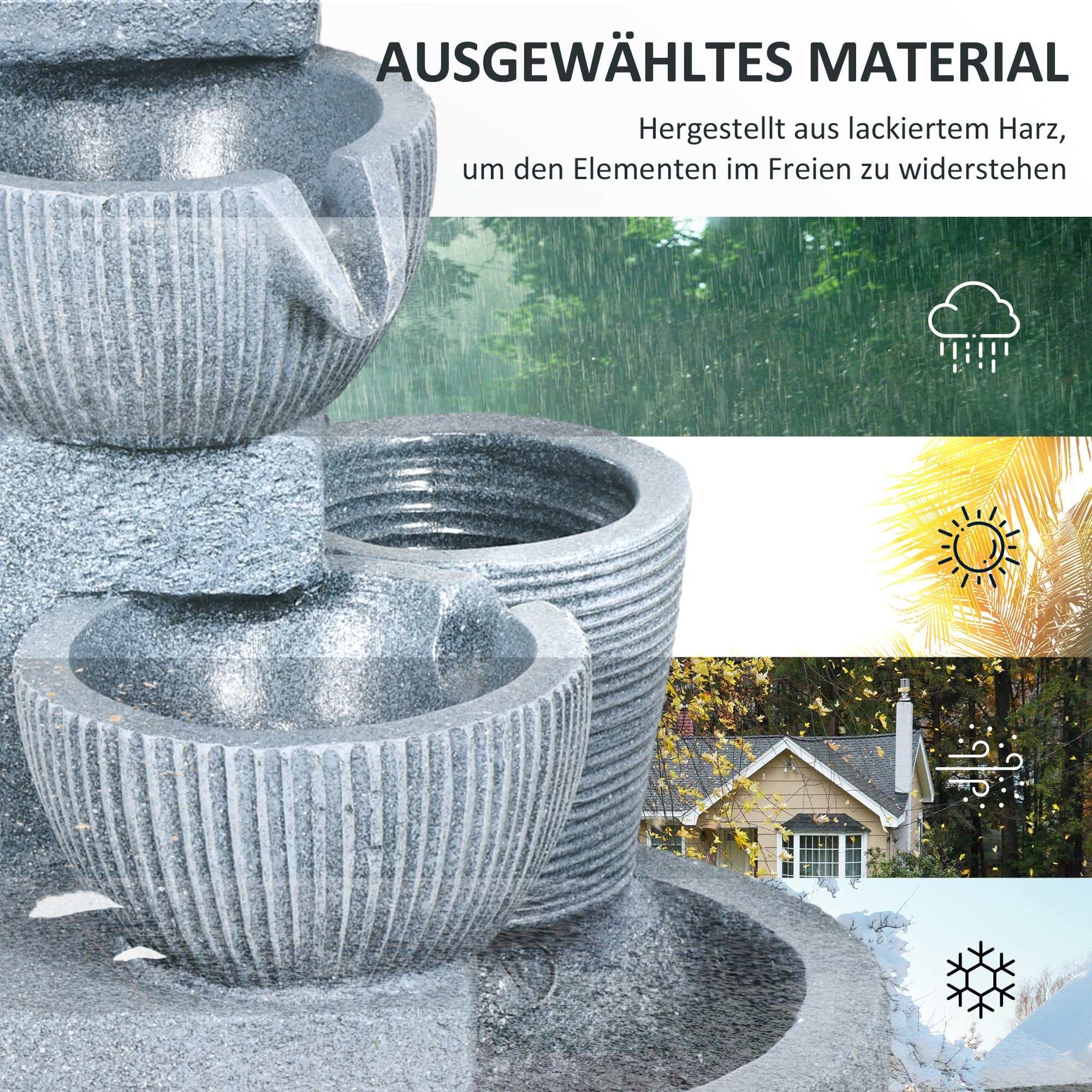Outsunny Springbrunnen aus Kunstharz Outdoor Gartenbrunnen mit LED Beleuchtung 4 Stufen Steinoptik Pumpe Dekorationsbecken Zimmerbrunnen Zierbrunnen für Garten Rasen 31x27x57 cm Grau