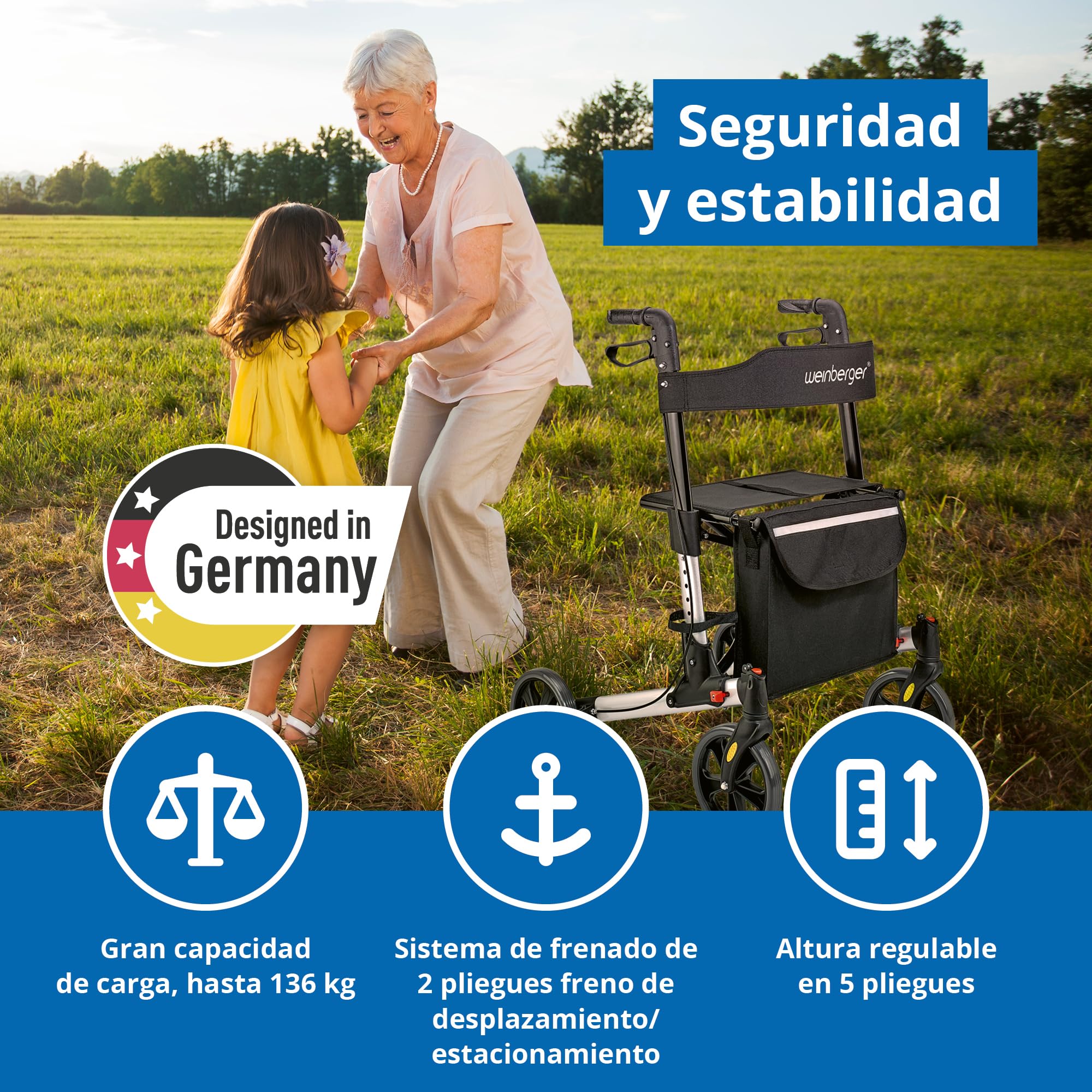 WEINBERGER leichter klappbarer Alu-Rollator all-Inclusive mit Tasche Stockhalter Bremsen, Leichtgewicht nur 7,3 kg, höhenverstellbar, Gehwagen Gehhilfe Reiserollator, Farbe Silber-Schwarz, 48911