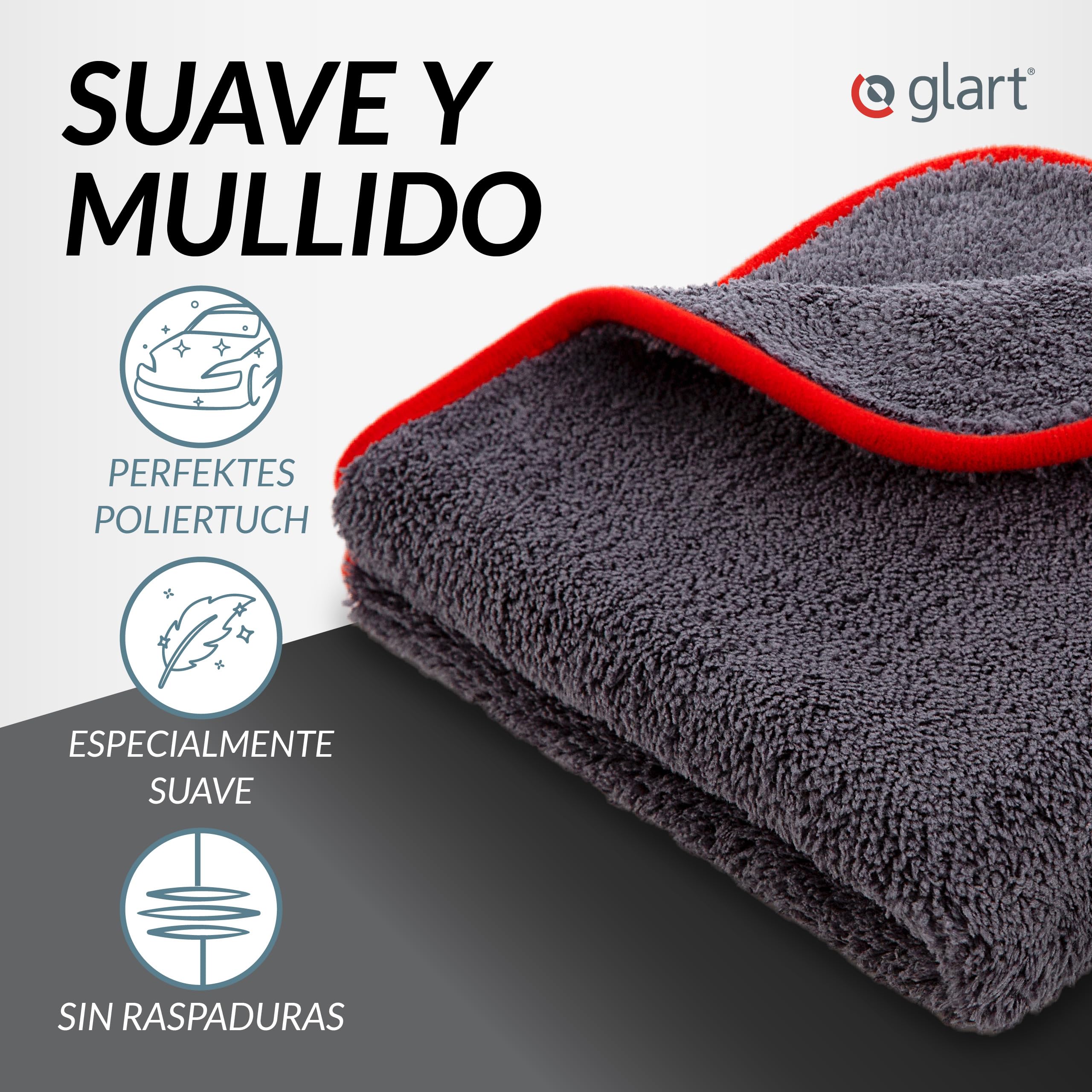 Glart 443TP4 Set de 12 toallas de microfibra - 600 GSM - 40x40 cm - Toallas de pulido suaves para coche para secado y cuidado - Ultra suaves, sin pelusa y absorbentes - Para cuidado de coches, motos.