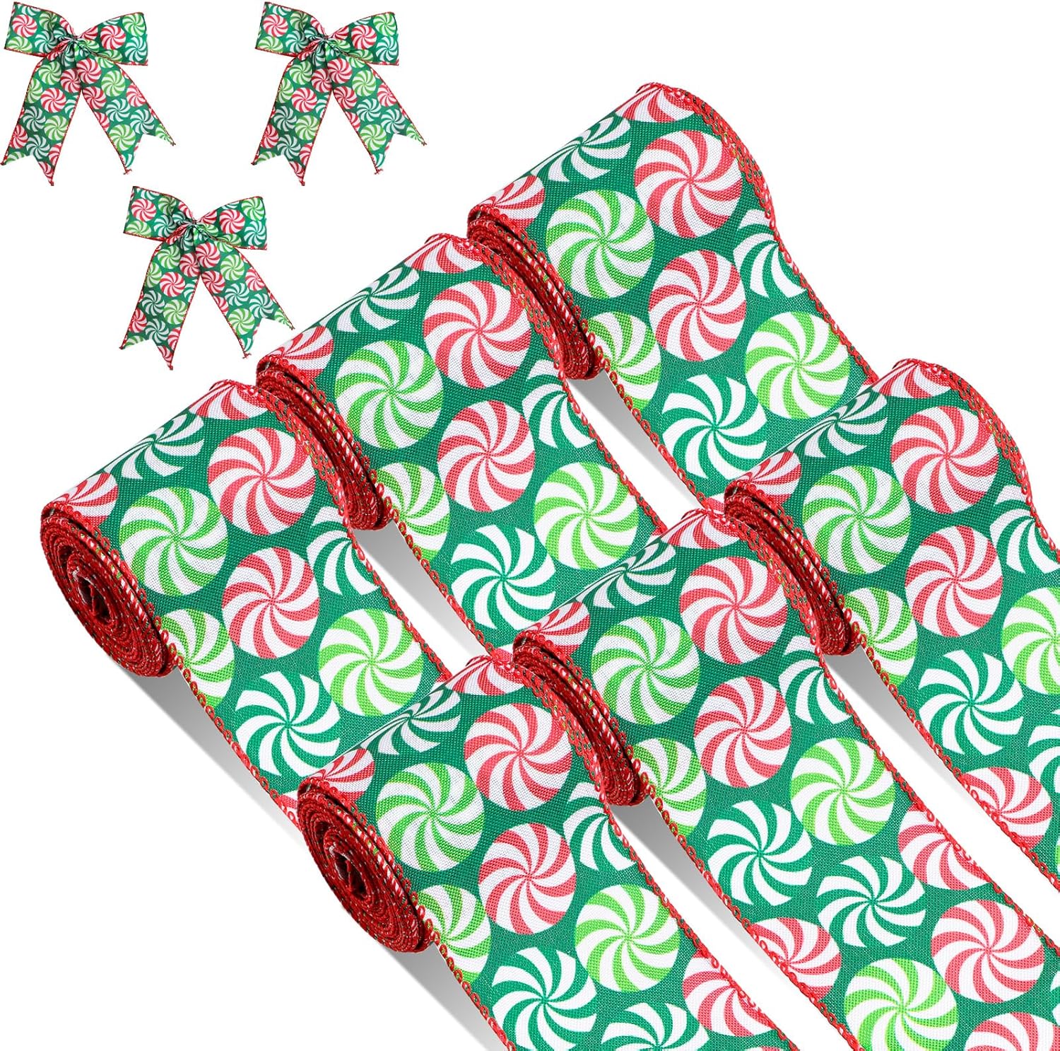 6 Rolls/ 36 Yard Christmas Ribbons Candy Peppermint Wired
