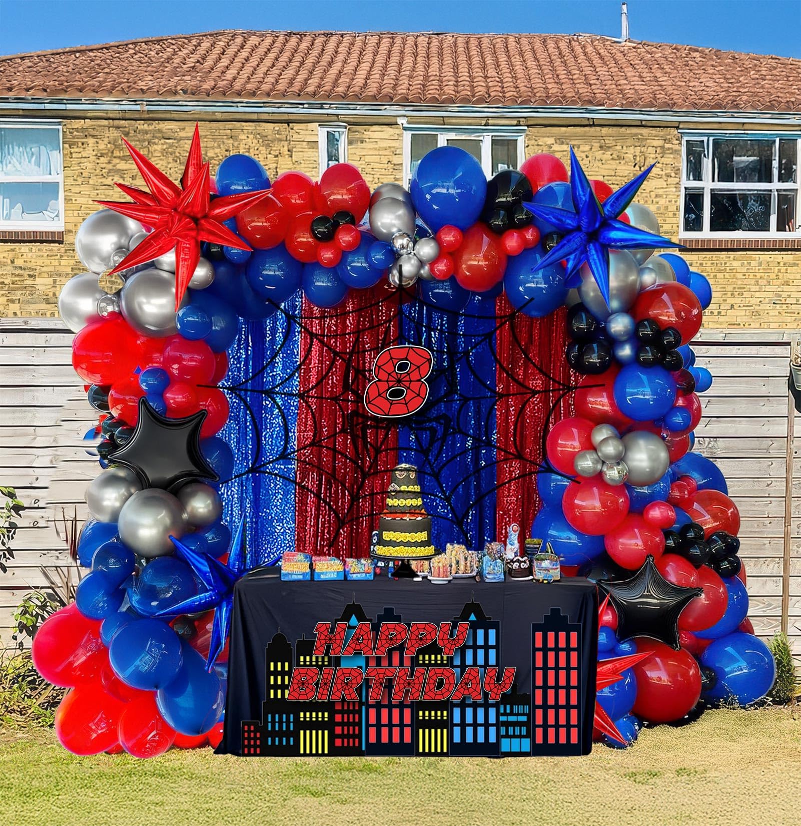 Blue Red Black Balloons Garland Arch Kit 130PCS with backdrop card stickers Large Star Large Starburs mylar balloons for Spider Theme kid birthday Party Man Superhero inspired Decortions