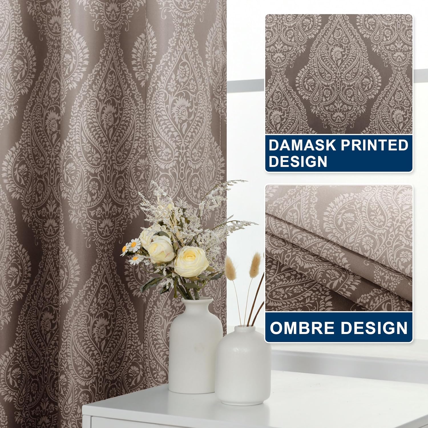 Hiasan Ombre Blackout Curtains for Bedroom 63 Inch Length, Grommet Vintage Damask Design Light Blocking Thermal Insulated Window Treatment Drapes with Tiebacks, 2 Panels, Brown, 42W x 63L