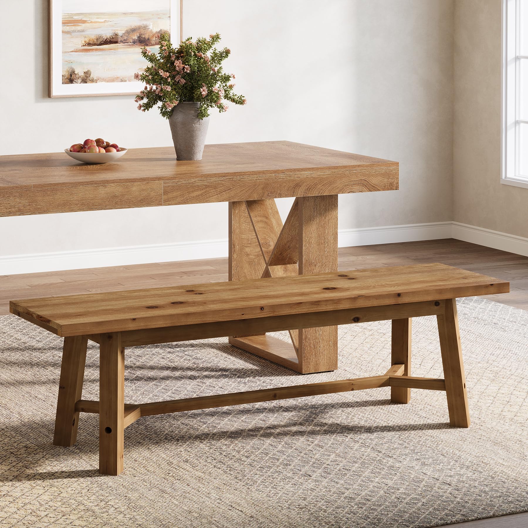 55" Solid Wood Bench, Farmhouse Bench Seat for Entryway | 55" L x 13.8" D Dining Bench, 400 Lb Capacity, Wooden Bench for Dining Room, Bedroom, End of Bed Bench, Easy Assembly, Wood