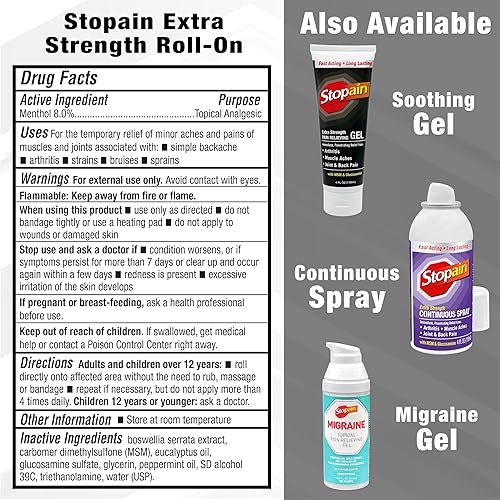 Miniatura 6 de Stopain Gel en rollo para aliviar el dolor de 3 onzas (paquete de 2) fabricado en Estados Unidos, máxima fuerza de acción rápida con MSM,