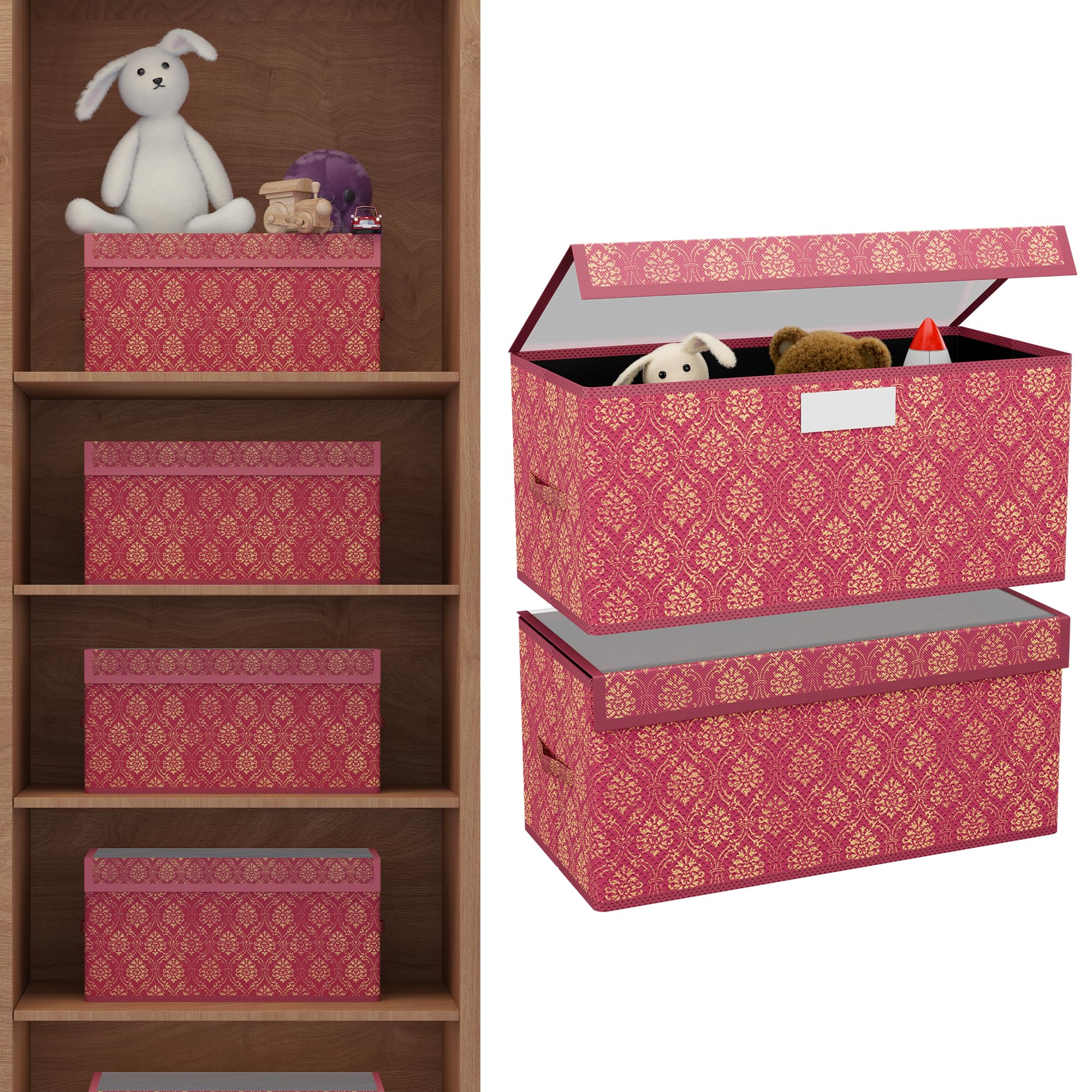 Kuber Industries 2 Pcs Storage Box with Transparent Lid | Closet Organizers for Toys & Book Storage | Foldable Almirah Dress Organizer | Cupboard/Wardrobe Organiser | Small - Printed | Maroon