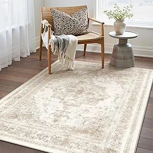 Area Rug 3x5 Cream Washable Office Entryway Vintage Medallion Beige Carpet Non Slip Retro Indoor Mat Low Pile Soft Distressed Small Rug for Bedroom Kitchen Laundry Dining Room
