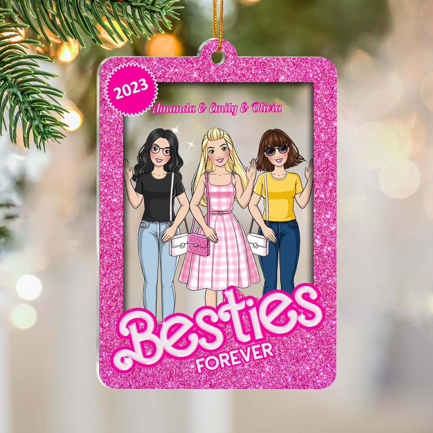Gossby Custom Acrylic Besties Forever Christmas Ornament - Personalized Christmas Besties Gift for Women with Design, Name - Gift for Female Best Friends - Xmas Friendship Keepsake - 3 BFFs