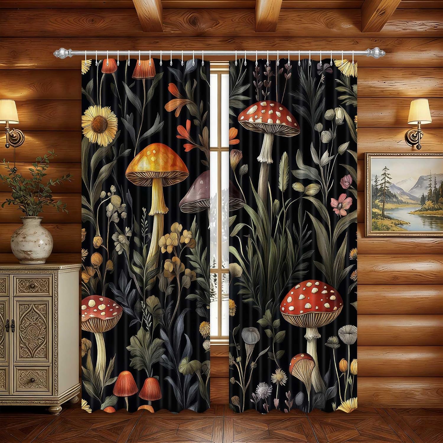Mushroom Floral Shower Curtain, Vintage Botanical Wildflower Waterproof Fabric Shower Curtains, Boho Cottagecore Aesthetic Bathroom Decor, 72x72 Inch with Hooks