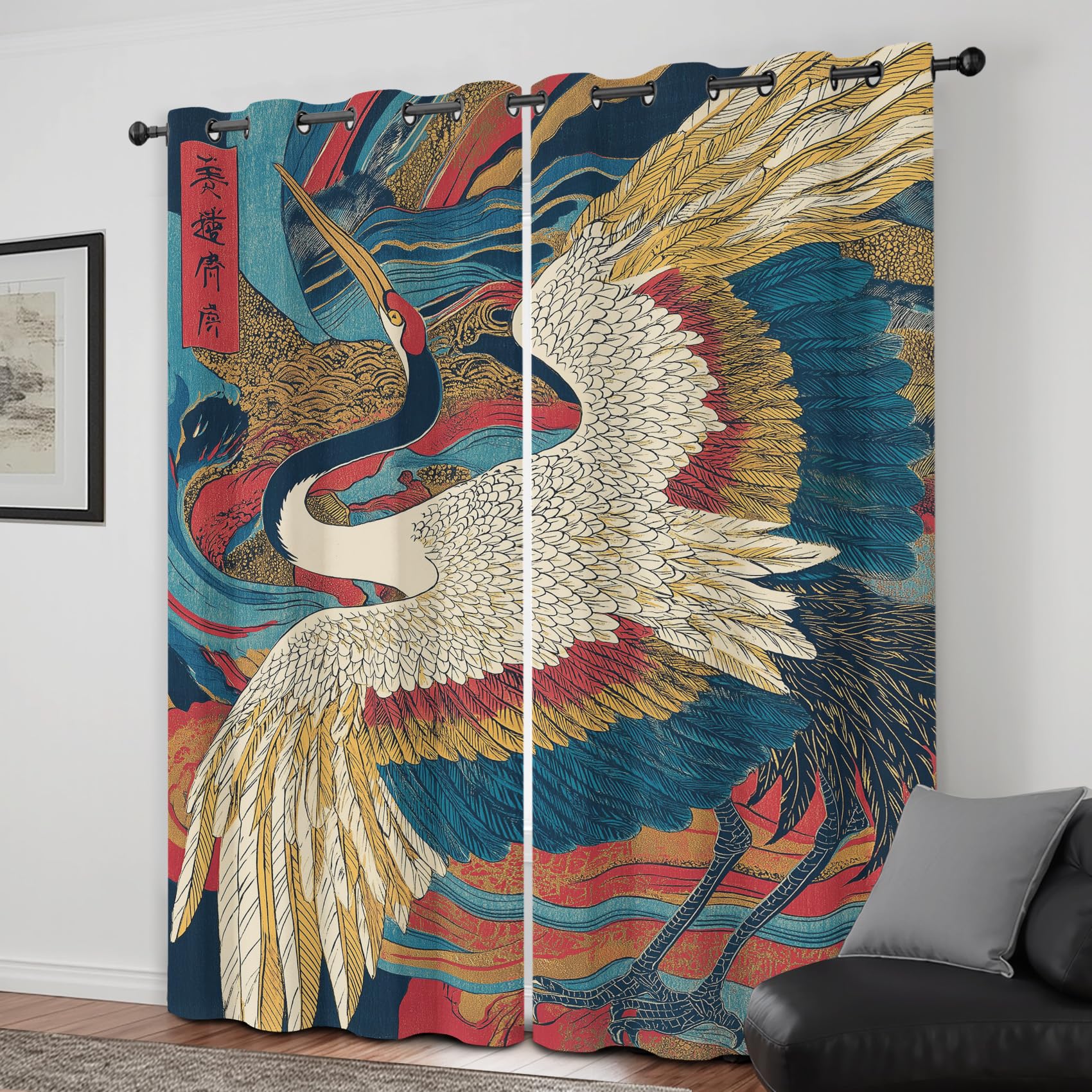 Rideau Occultant Japonais, Rideaux Motif Oiseau, pour Salon et Chambre, Rideau Opaque à Oeillets, Oriental Isolant Thermique Lot de 2 Rideaux et Draperies Intérieur 140x240cm LxH -Blanc