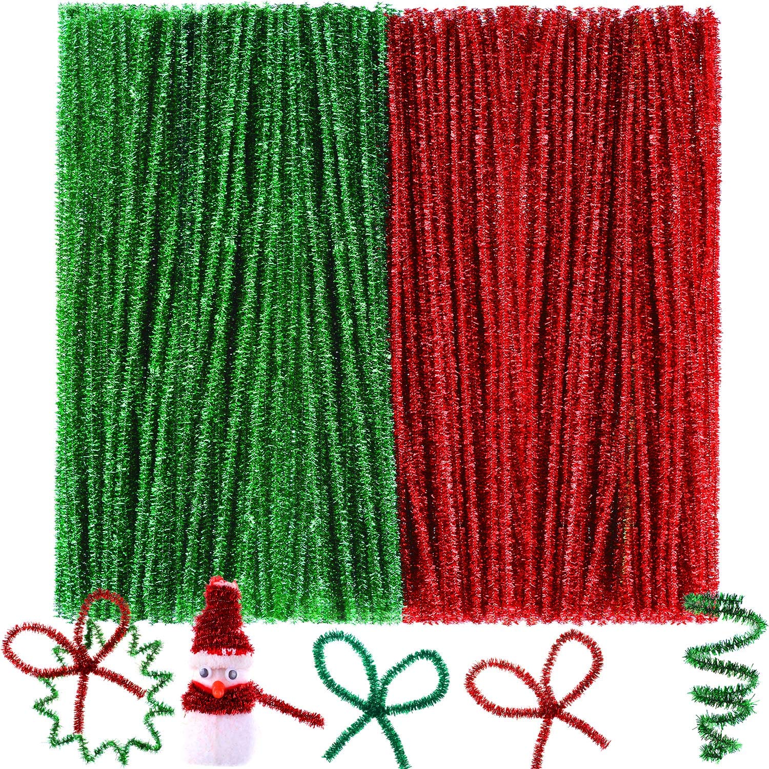 300 limpiapipas de Navidad de 12 pulgadas con purpurina para manualidades, color rojo y verde, tallos de felpilla coloridos para Navidad, manualidades, decoración