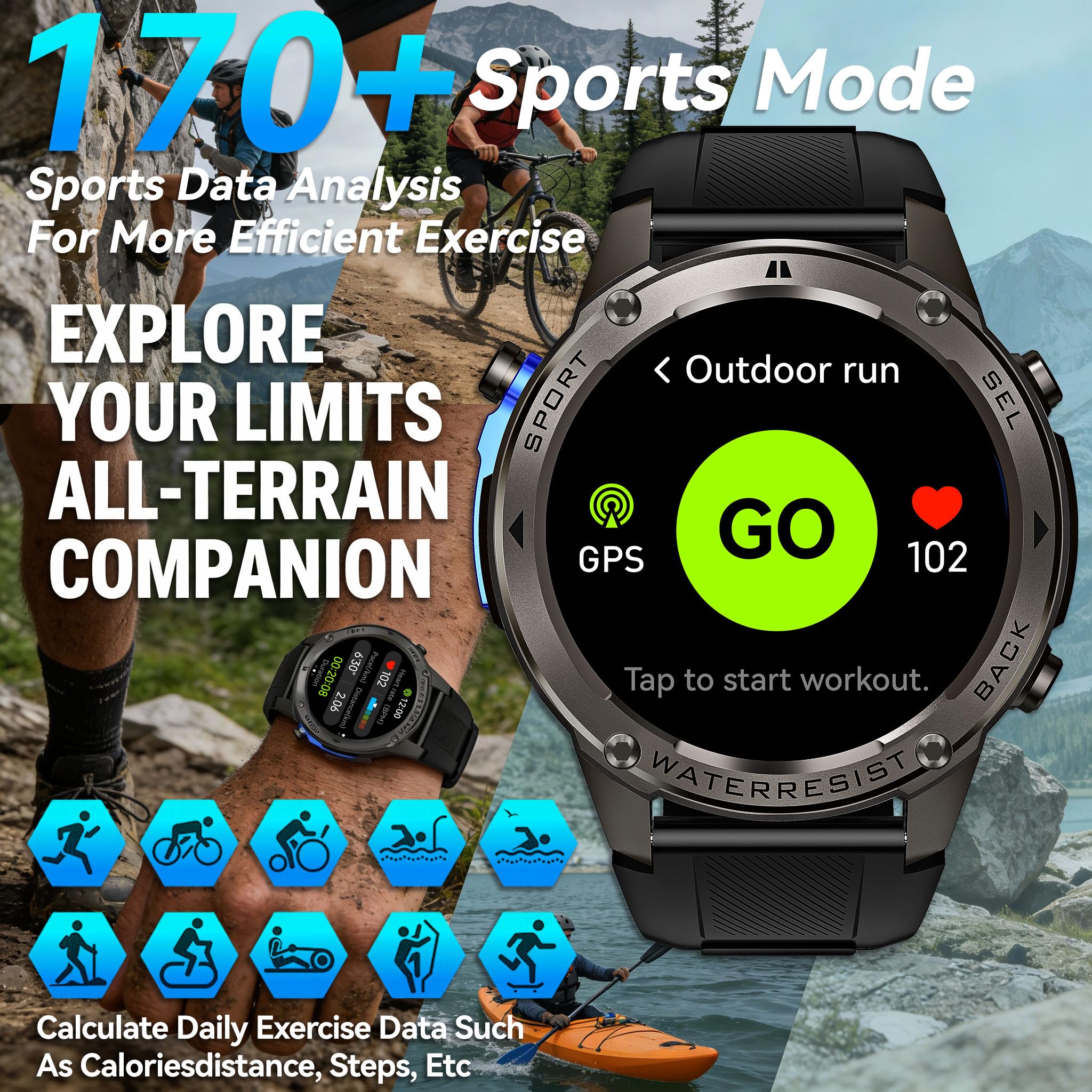 Smart Watch GPS da uomo militare robusto, bussola, impermeabile fino a 50 m, batteria grande da 500 mAh, schermo AMOLED da 1,4 pollici, rispondere/effettuare chiamate, compatibile con Android iOS (2