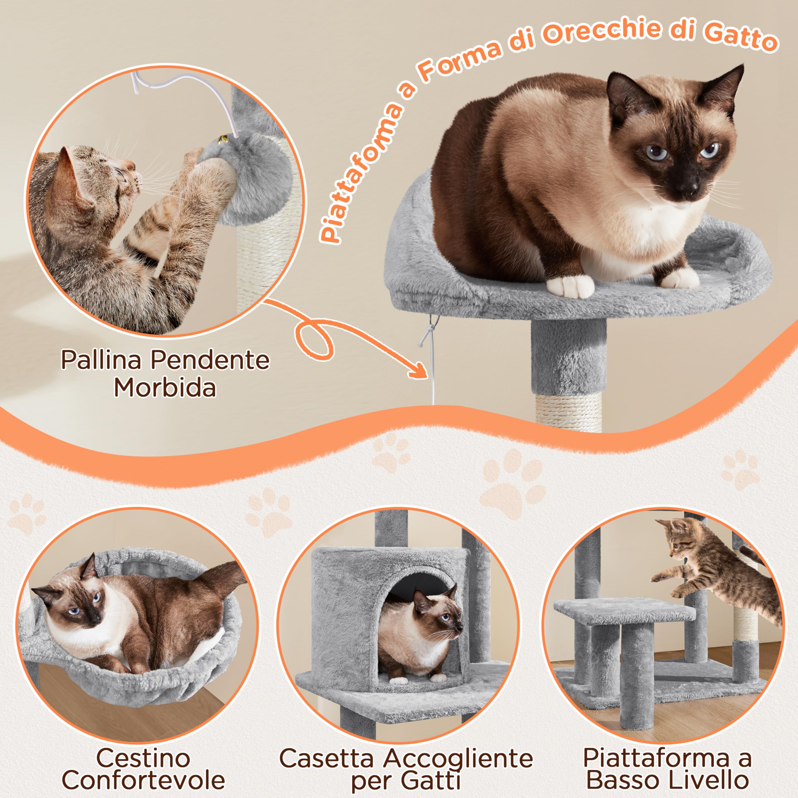 Yaheetech Albero Tiragraffi in Sisal Naturale e Truciolato 48,5 cm × 40,5 cm × 145 cm Torre per Gatti con Posatoio Gioco Condominio Grigio Chiaro