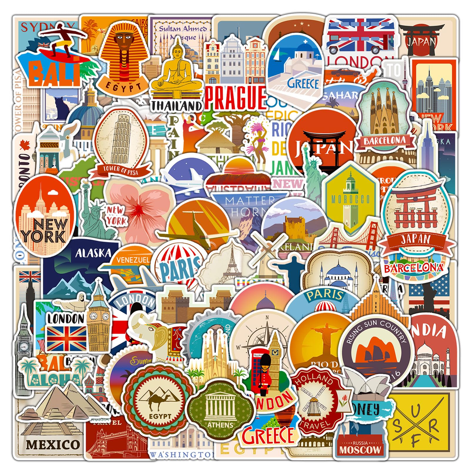 DothRayan 100Pcs World Travel Stickers Pack, Vacation Sticker Famous City Landmark Waterproof Vinyl Travel Luggage Stickers for Water Bottle Laptop
