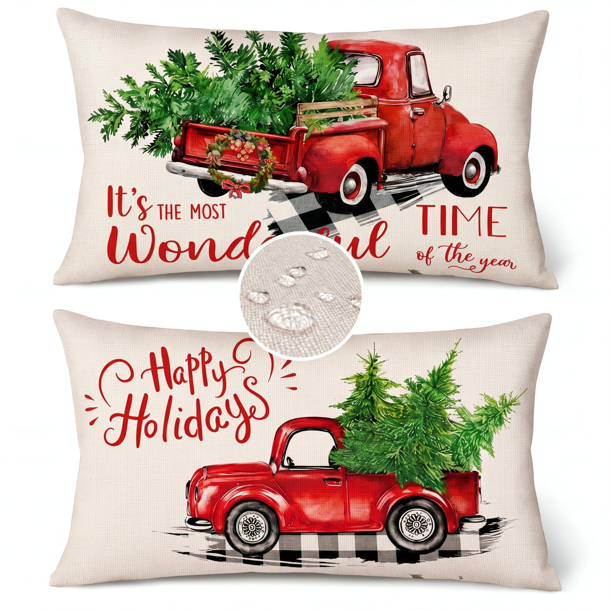Irenare 2 Pack Christmas Waterproof Lumbar Throw 12x20 Pillow Covers Decor