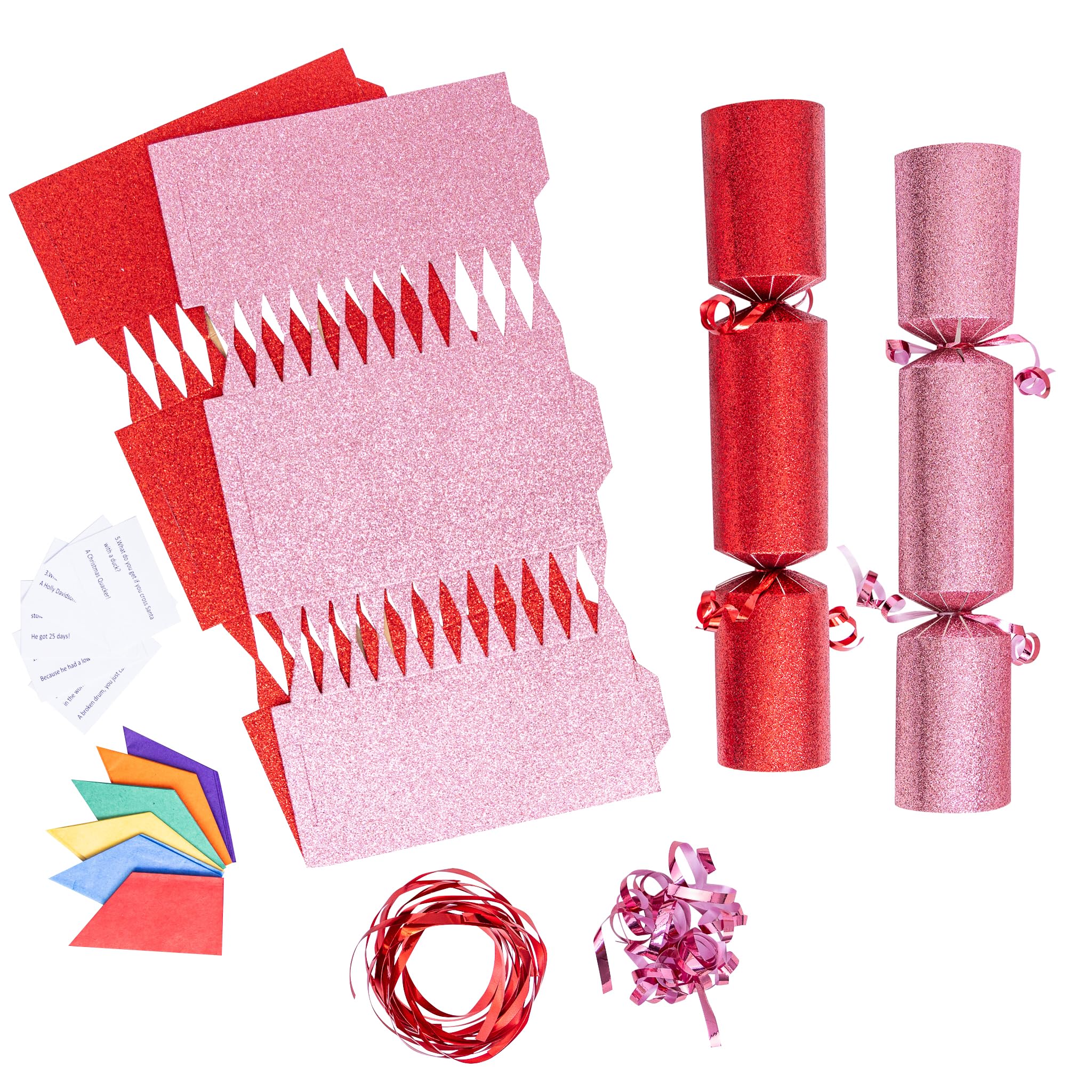 evelay 12 Make Your Own Christmas Cracker Kit DIY Pink & Red Glitter Crackers Hats Snaps Jokes (Pink, Red)