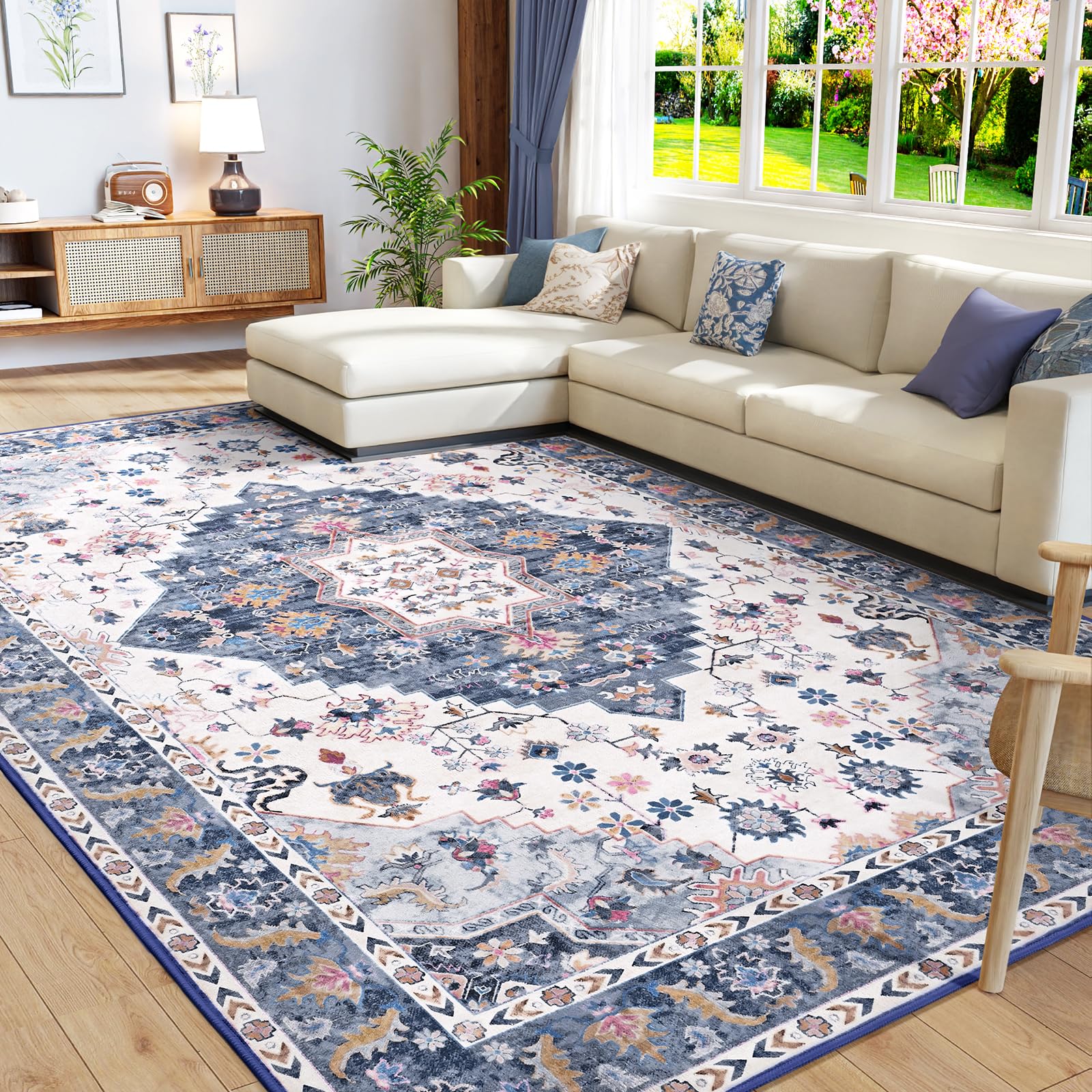 Amearea Vintage Design Area Rugs for Living Room, 6x9 Machine Washable Floral Collection Traditional Bedroom Rug, Low Pile Cute Kids Room Print Carpet