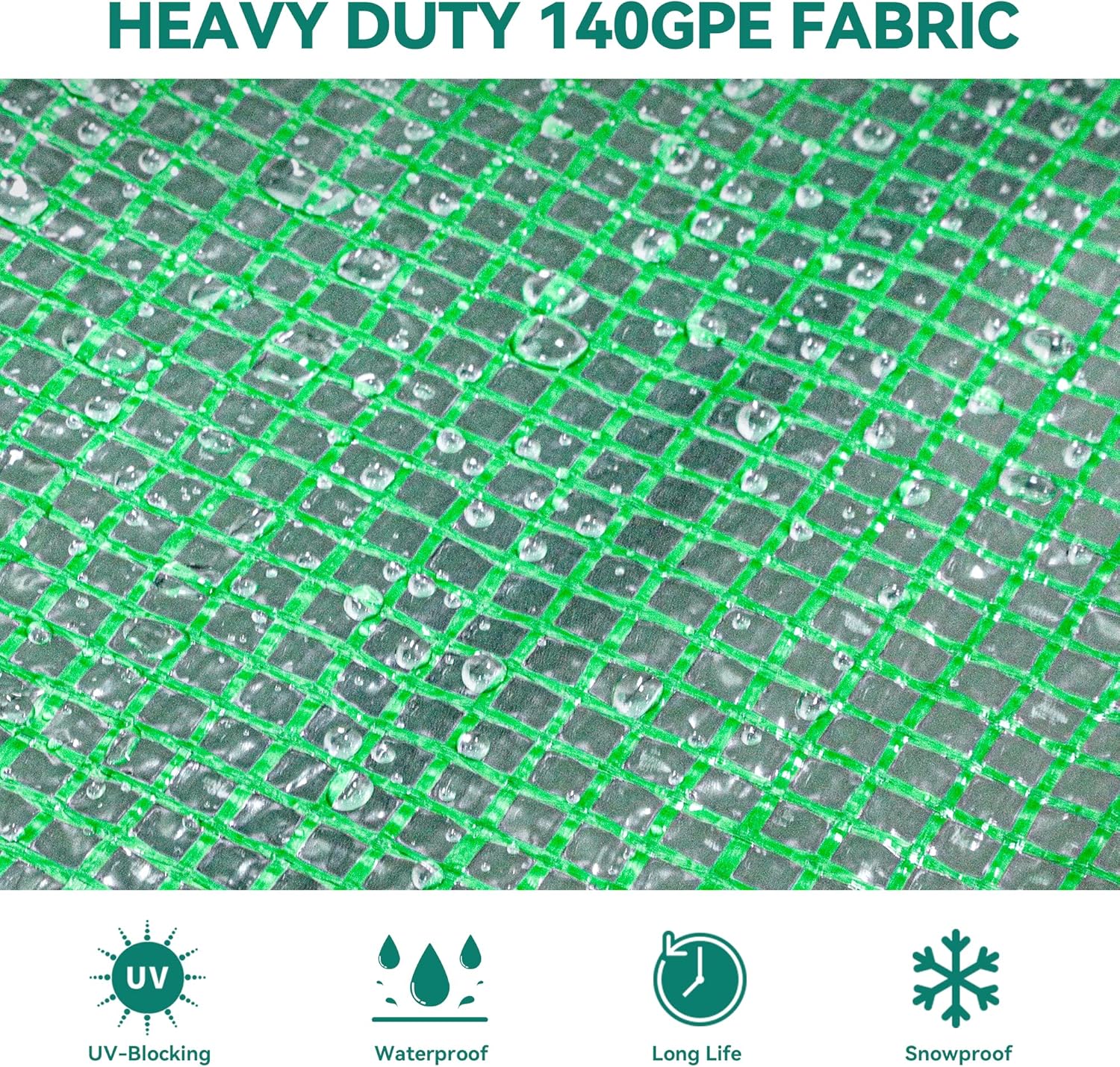 Close-up of the 140GSM heavy-duty polyethylene fabric, highlighting its UV-blocking, waterproof, long-life, and snowproof properties.