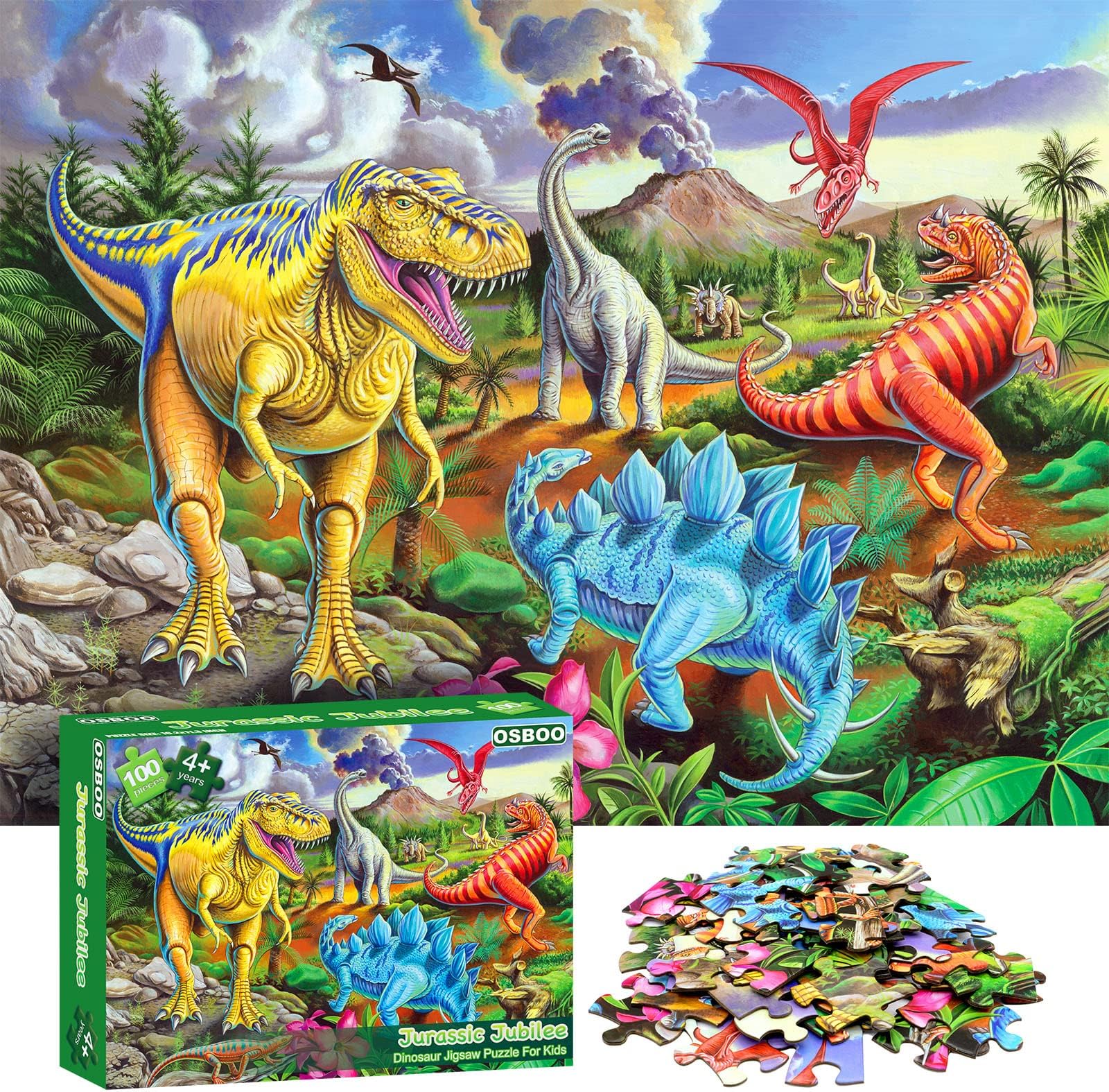 OSBOO Puzzles for Kids Ages 4-8, 6-8, 8-10,100 Piece Big Dinosaur Floor Jigsaw Puzzles for Kids Children Educational Puzzles Toys for Boys and Girls