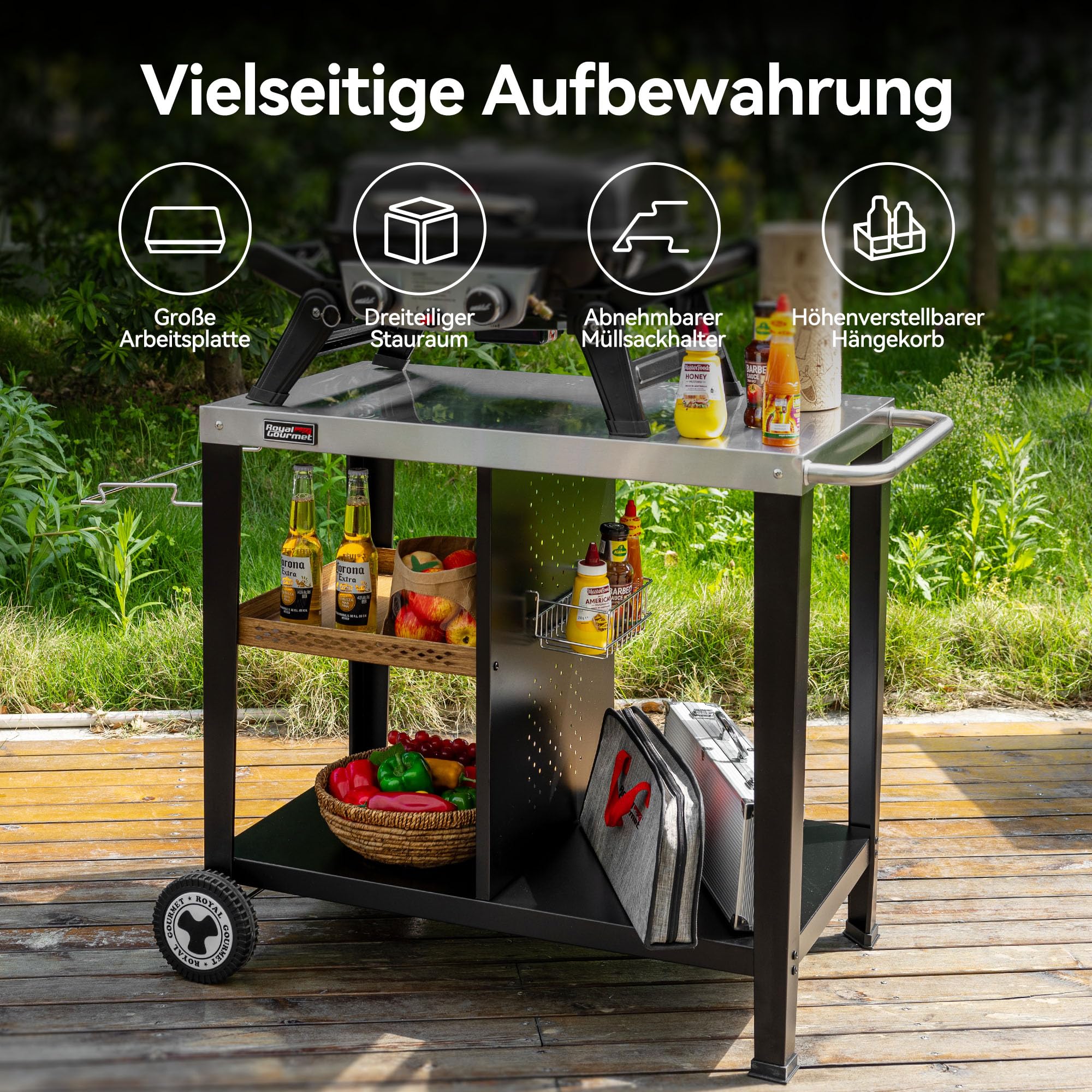 Royal Gourmet Table de Barbecue avec Plaque en Acier Inoxydable de 85 x 50 cm - Chariot de Barbecue à 3 étages pour Barbecue de Table et Fours à Pizza, Chariot avec poignées, Porte-Sac Poubelle et