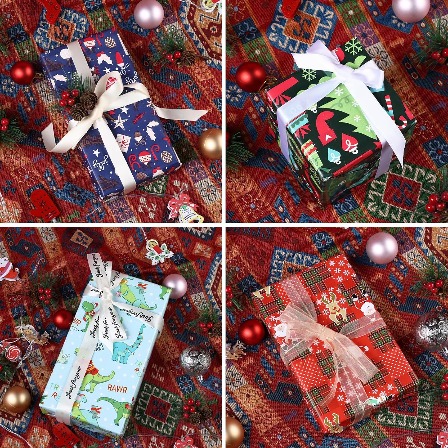 yeconire christmas wrapping paper 30 inch gift wrap paper 4 rolls, funny santas, cute dinosaur, reindeers, christmas tree & wreath, holiday wrapping for gifts - 30 inch x 120 inch per roll