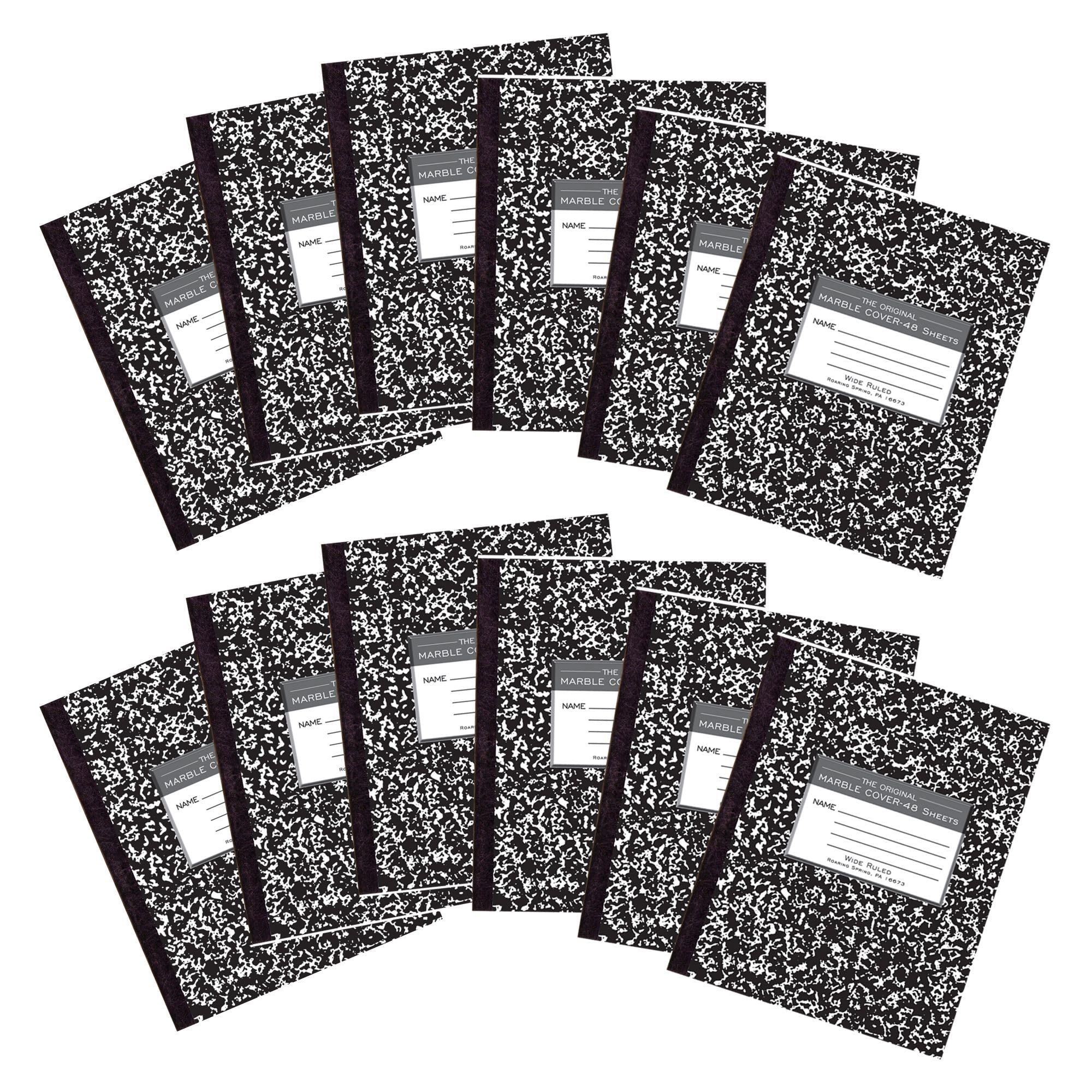 Roaring Spring Lot de 12 cahiers de composition, 21,6 x 17,8 cm, larges lignes, 48 feuilles, papier blanc de 6,8 kg, couvertures flexibles en marbre noir