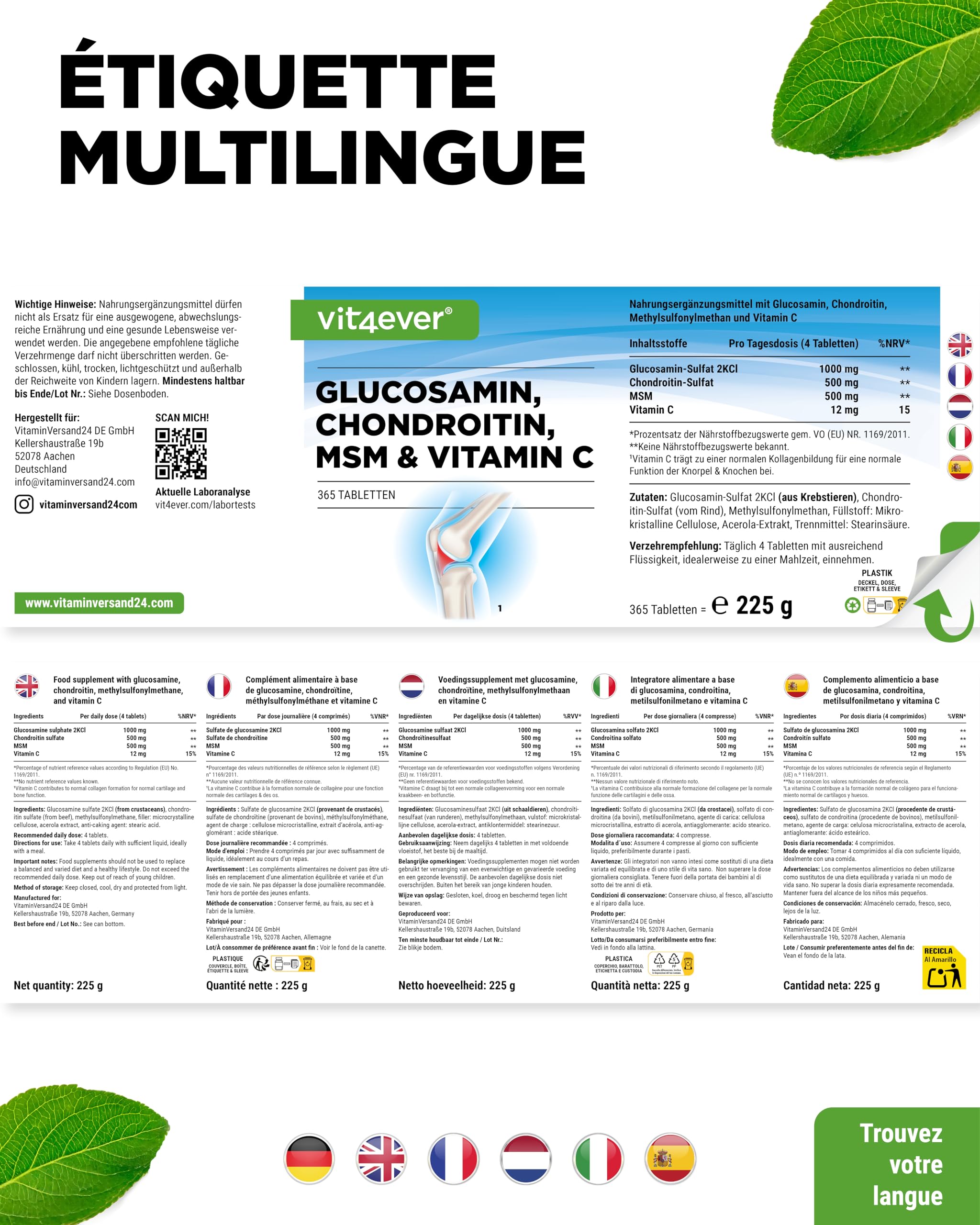 Glucosamine Chondroïtine MSM - 365 Comprimés - Hautement Dosé à 2000 mg par Jour - 3 Mois d'Approvisionnement - sans Additifs Indésirables | 1000 mg de glucosamine, 500 mg de chondroïtine, 500 mg de MSM, 99,9 % de pureté MSM