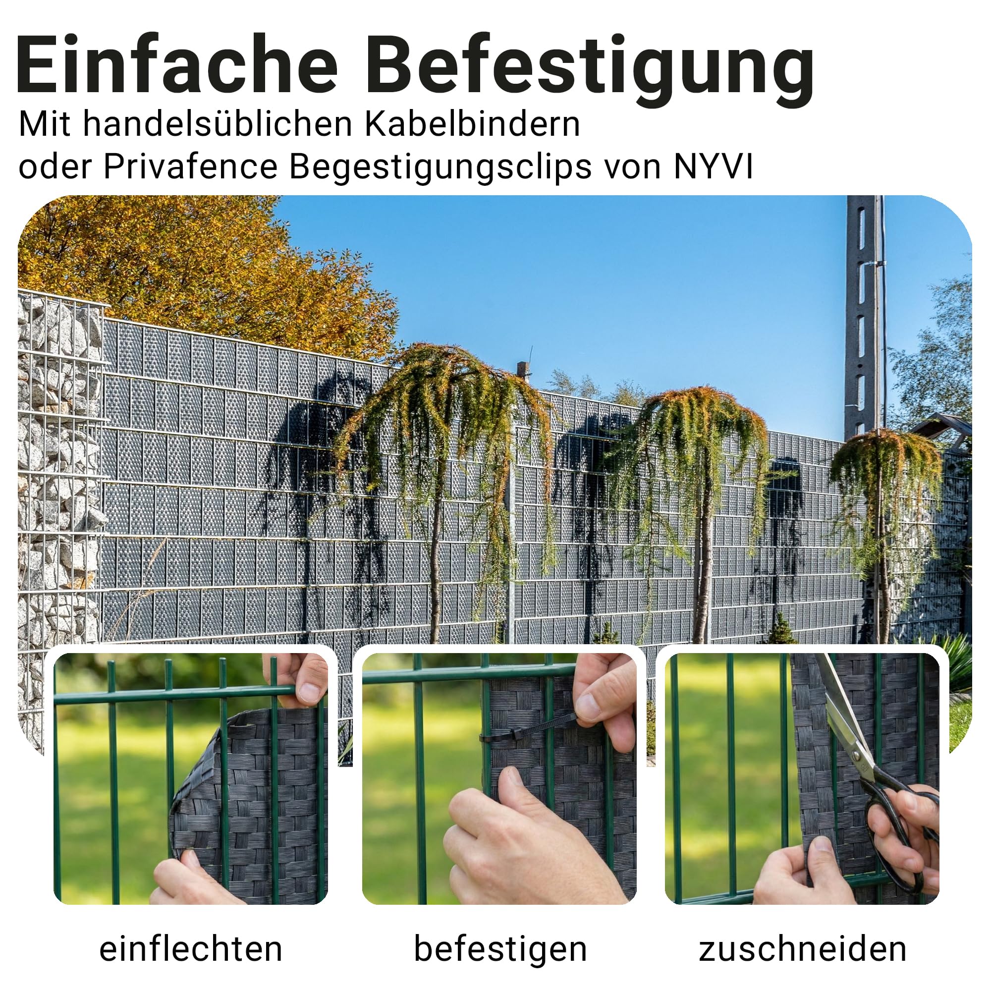 NYVI Polyrattan Sichtschutzstreifen Privafence Weiß 255 x 19 cm 10 Rollen (25,5 Meter) - SPARSETS - Sichtschutz für Doppelstabmatten Zaun - Premium Zaunsichtschutz