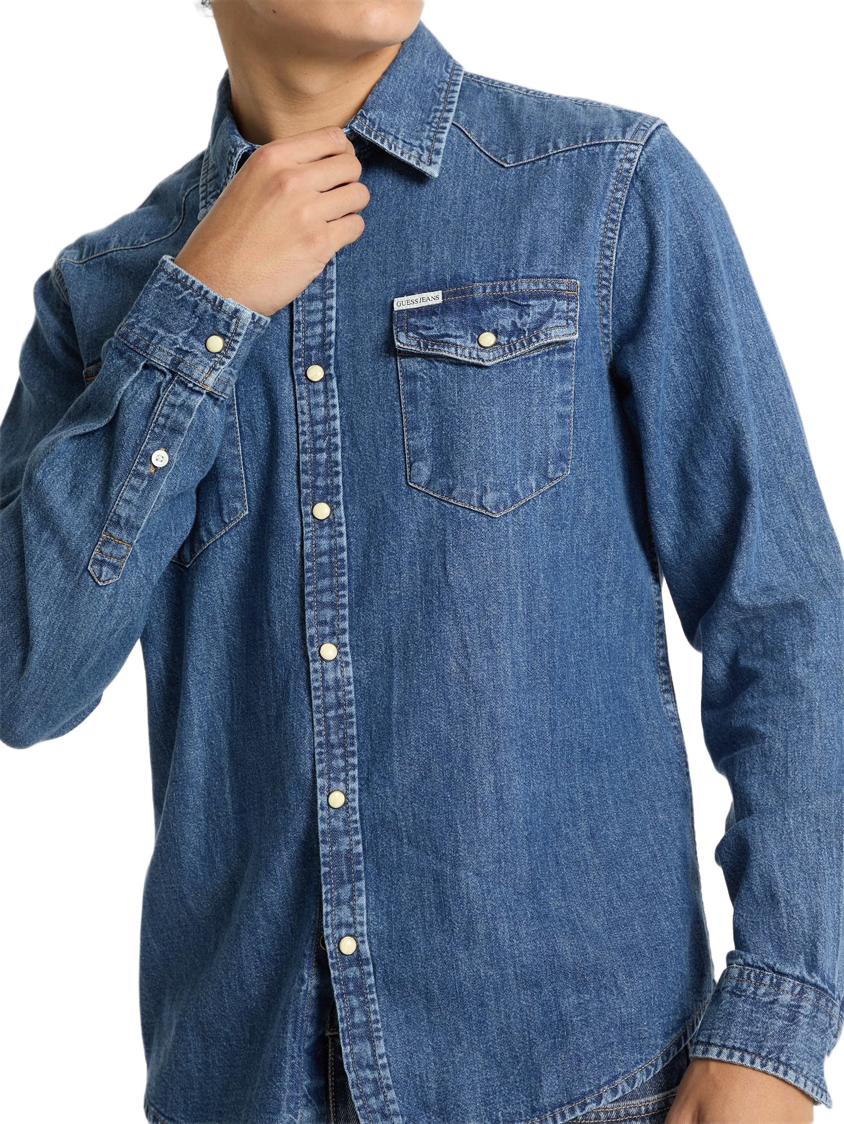 GUESS Mens Slim Long Sleeve Denim Shirt Blue (UK, Alpha, L, Regular, Regular, Blue)